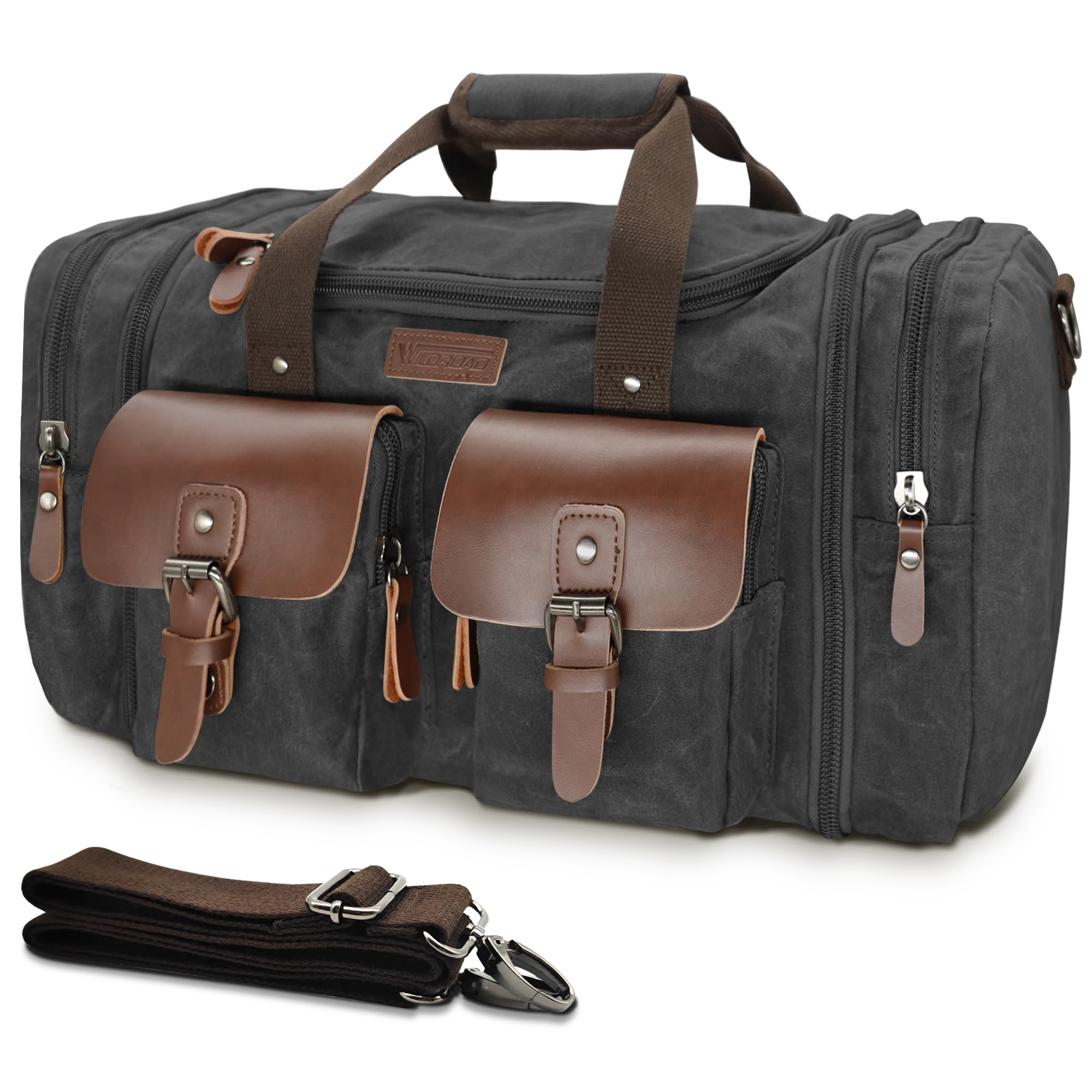 Wildroad 60L Expandable Waxed Canvas Duffle Bag - Genuine Leather Weekender Overnight Carry On Travel Bag (Vintage Black, X-Large) - Perfect for Business Trips, Gym, Camping & Weekend Getaways