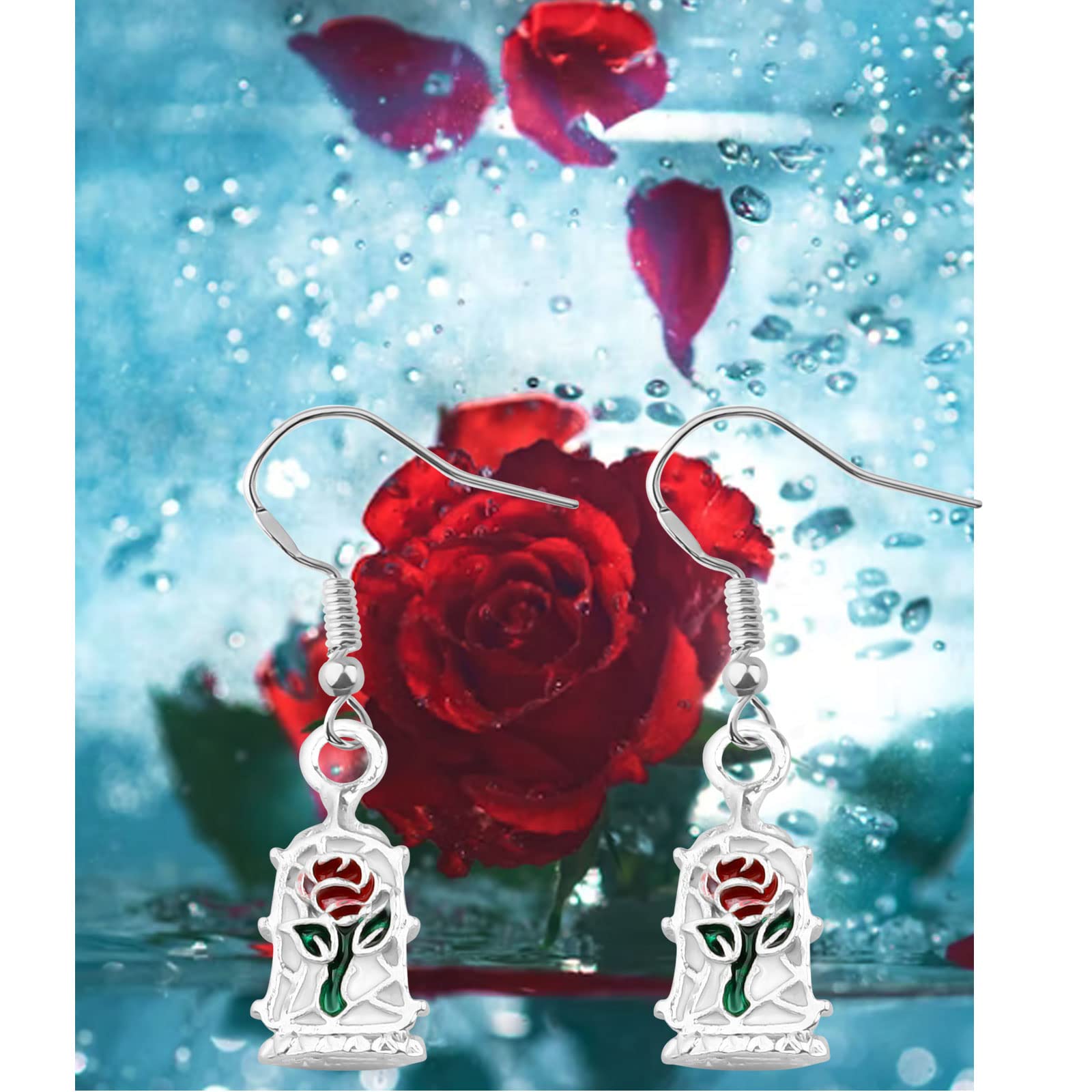 Beauty and the Beast Inspired Red Rose Dome Earrings for Women - Elegant Floral Jewelry Gift for Valentine's Day, Anniversary & Special Occasions