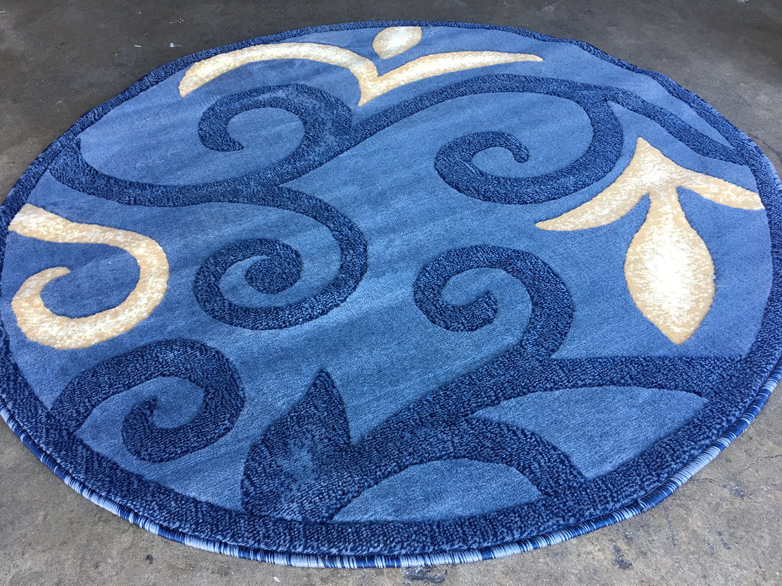Modern Round Floral Contemporary Area Rug - Light Blue & Beige Design - 7'9