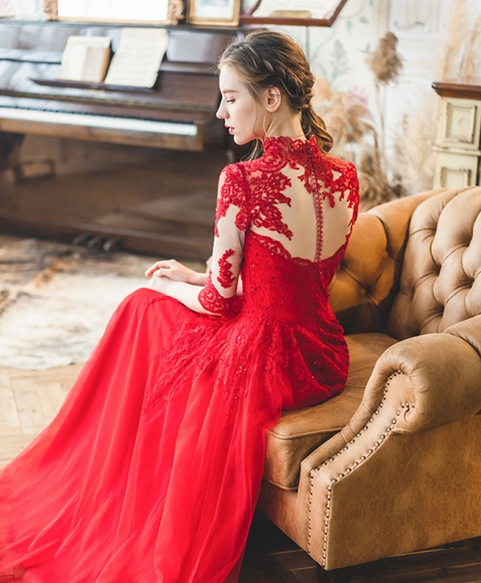Elegant Red High Neck Tulle Lace Long Prom Dress - Formal Evening Gown for Homecoming, Ball, Wedding & Special Occasions