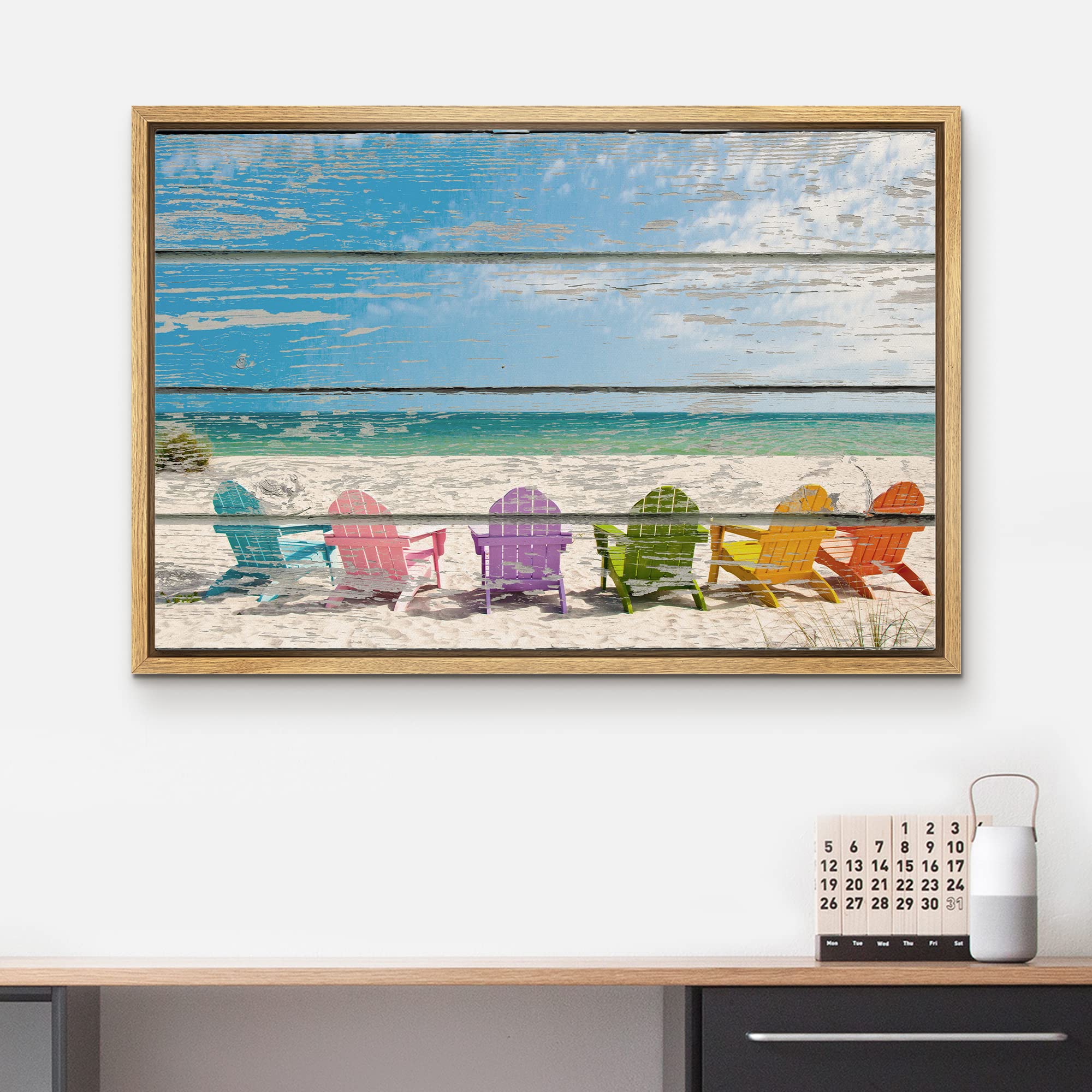 Wall26 Framed Canvas Print - Rainbow Beach Chairs Ocean Scenery Wall Art, 24x36 Inch Wood Panel Photography for Living Room, Bedroom & Office Decor | Coastal Home Decor, Beach House Wall Art, Nautical Theme Interior Design