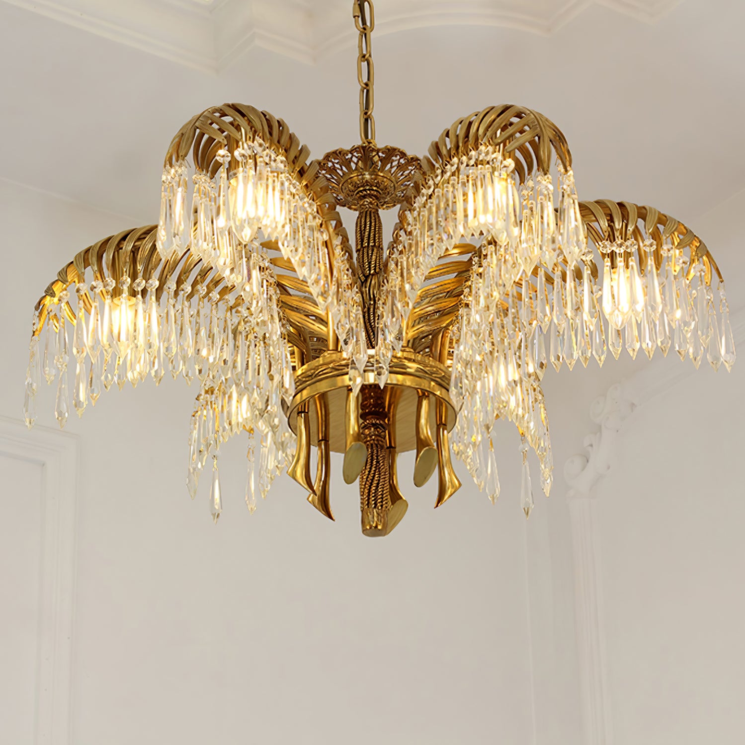 Elegant Brass Palm Leaf Crystal Chandelier - Modern Ceiling Light Fixture for Dining Room, Living Room & Bedroom Decor