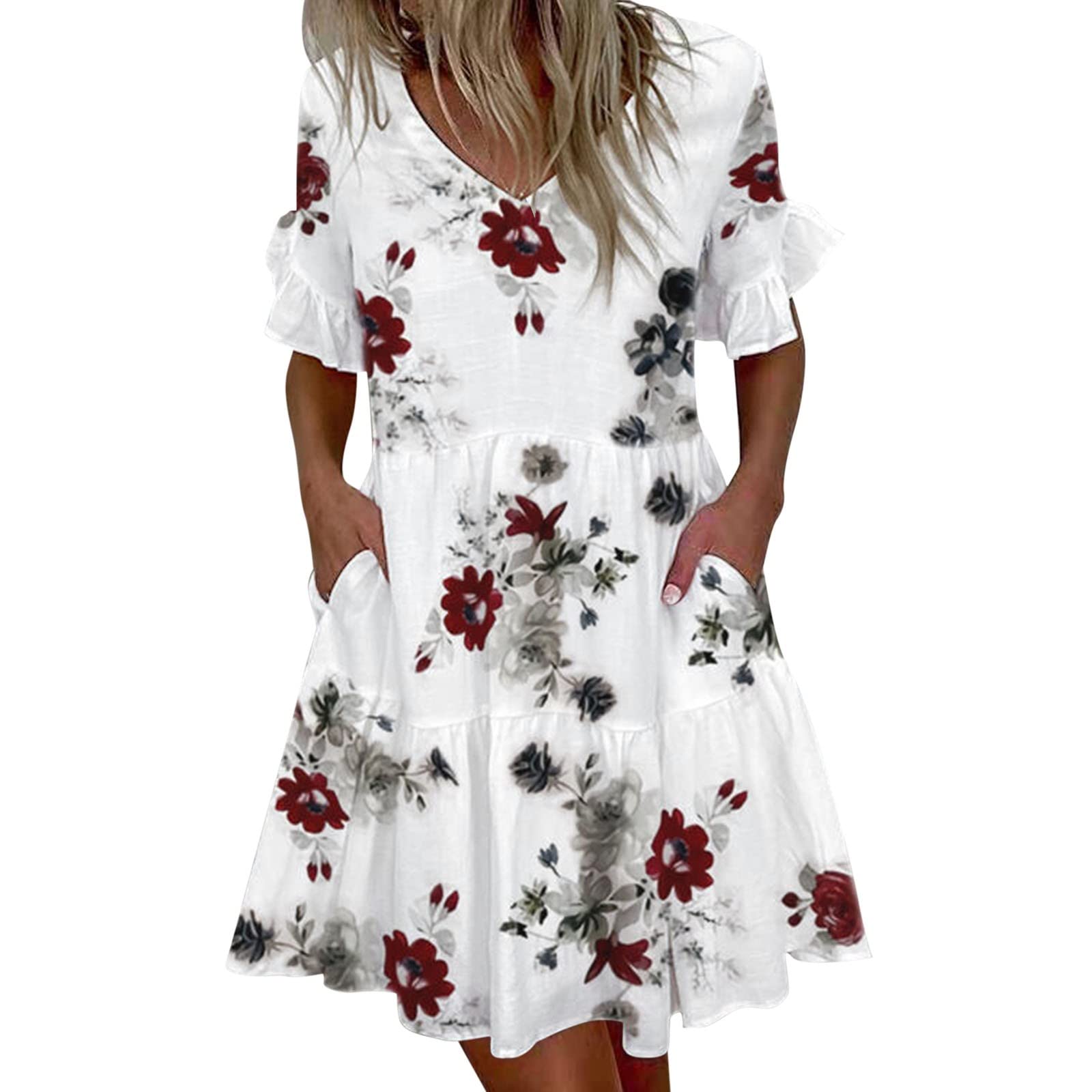 Elegant White V-Neck Printed Ruffle Midi Dress with Pockets for Women - Perfect for Summer Parties, Weddings & Casual Outings