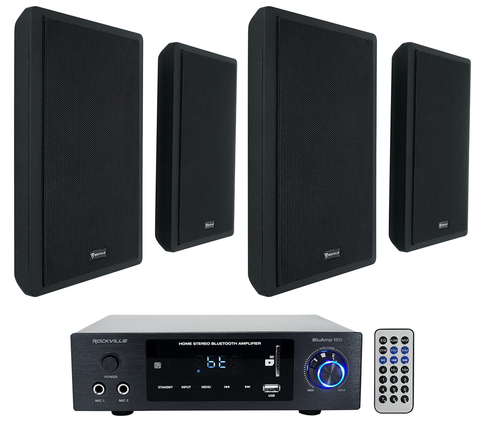 Rockville BLUAMP 150W Bluetooth Stereo Amplifier with 4 Rockville RockSlim 5.25