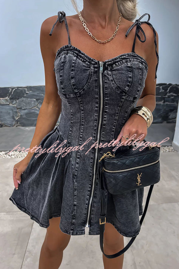 Sweet and Unique Washed Denim Stretch Mini Dress with Center Front Zipper - Perfect for Casual Outings, Date Nights & Summer Parties