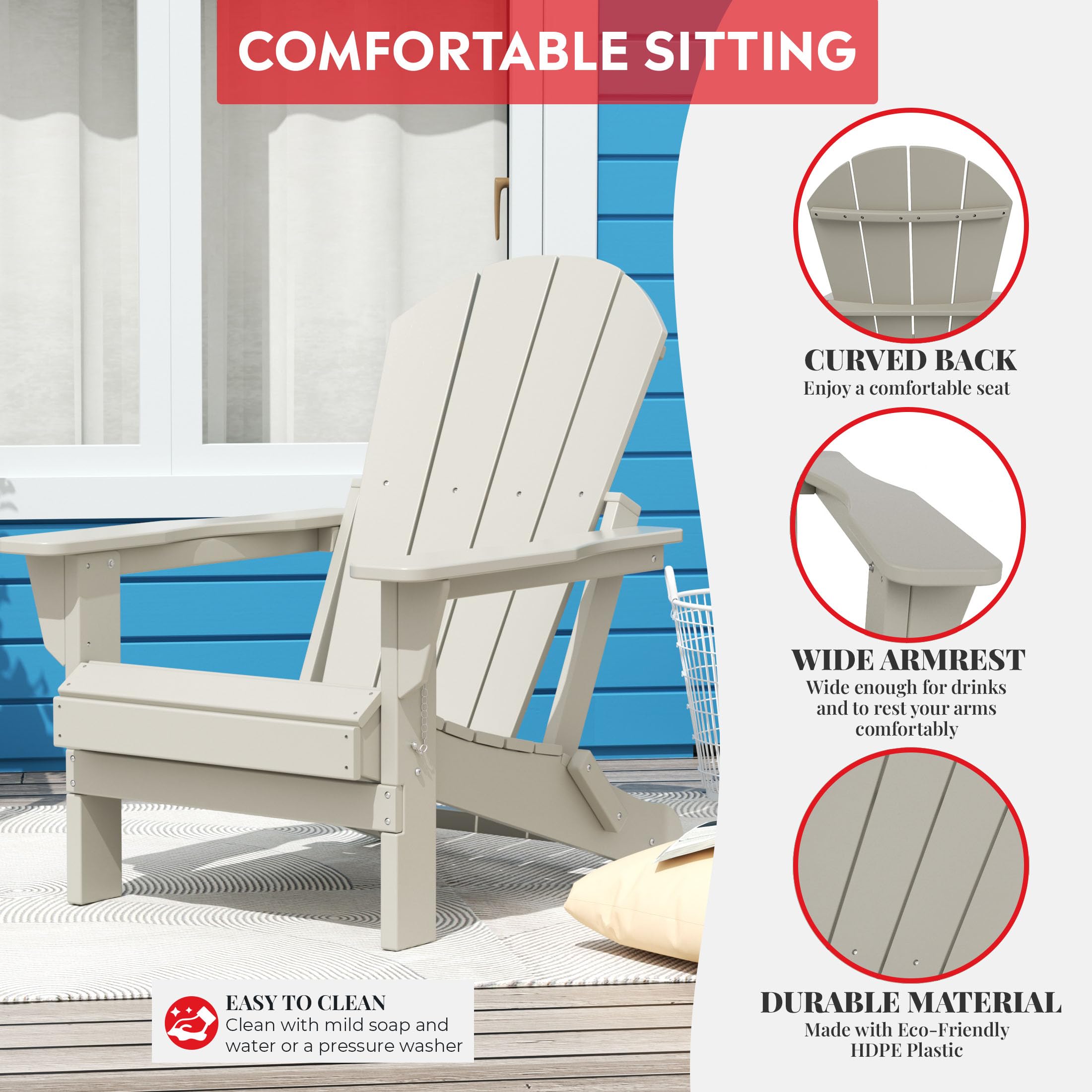 Outdoor Folding Chair - Portable Adirondack Patio Chair with All-Weather Resistant Design for Backyard, Garden, Poolside, Camping & Fire Pit Gatherings