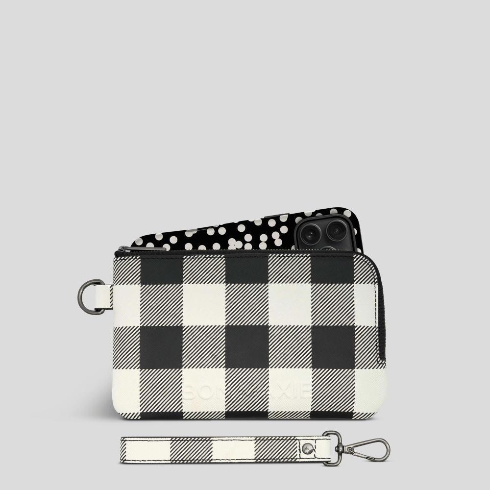 Premium Genuine Leather Phone Wallet Pouch - Slim RFID Blocking Card Holder for iPhone & Samsung - Black Gingham Pattern - Perfect for Travel, Work & Everyday Use