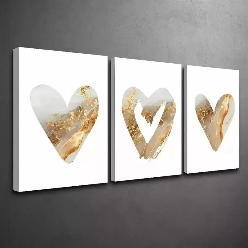 3pcs Love Heart Gold Speckled Wall Art Set - Framed Canvas 50x70cm - High Quality Print - 100% Australian Made - Ready to Hang - Perfect for Bedroom, Living Room & Home Decor