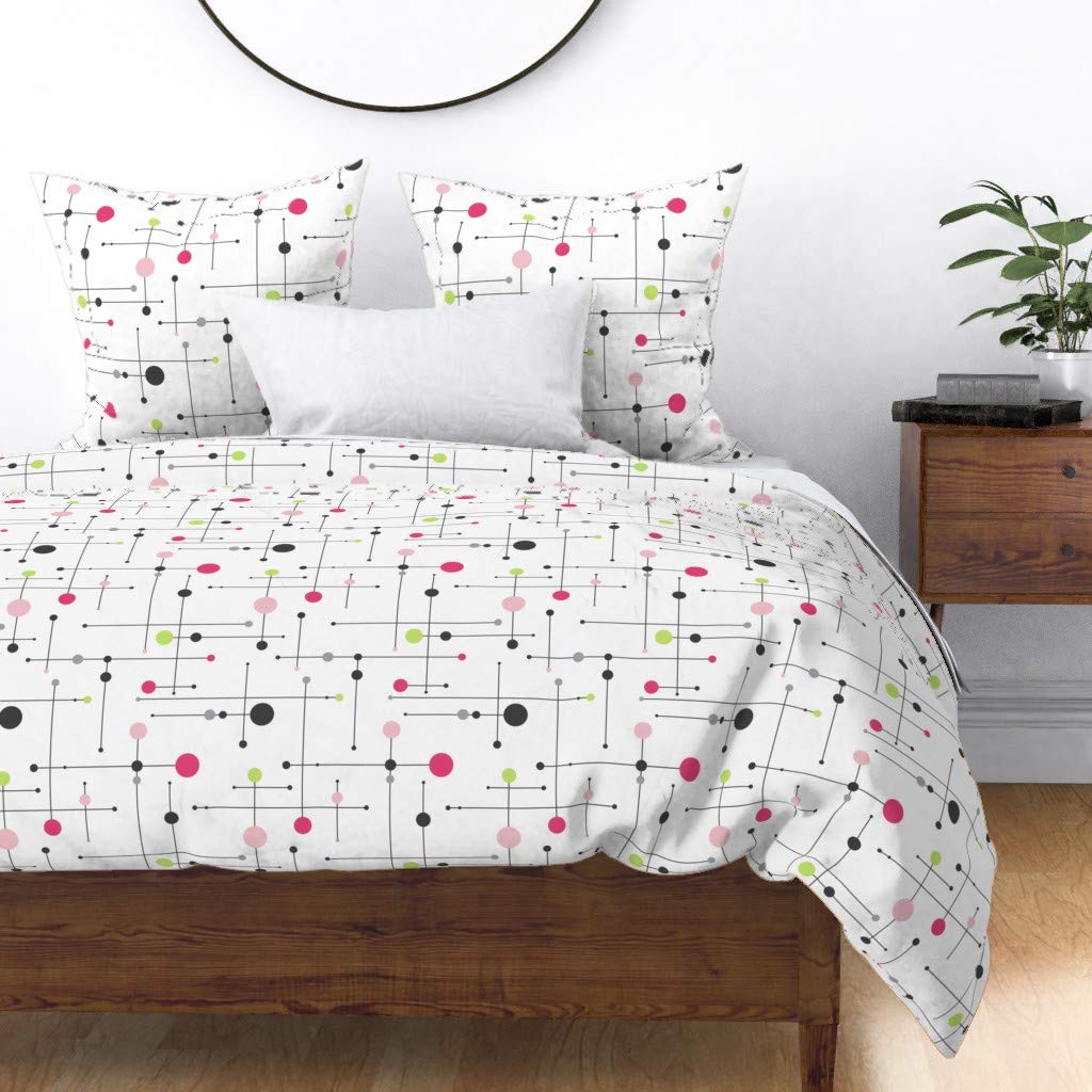 Custom Mid Century Modern Pink Retro Dots Abstract Pastel Atomic Age Print Cotton Sateen Duvet Cover - King/California King Size | Soft Luxury Bedding for Vintage & Boho Chic Bedrooms