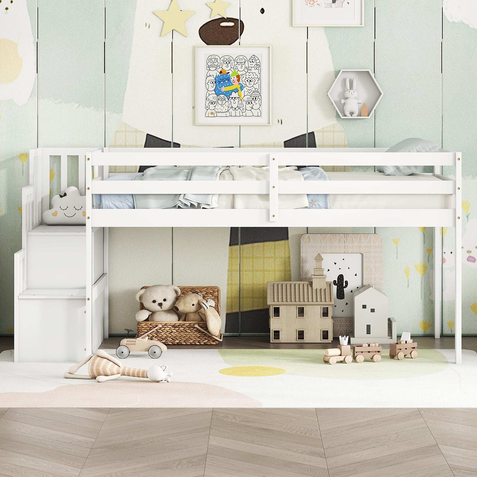 Twin Size Low Loft Bed with Stairs - Kids Wooden Loft Bed Frame with Storage Staircase for Boys & Girls - White - Perfect for Small Bedrooms, Dorm Rooms & Kids' Spaces