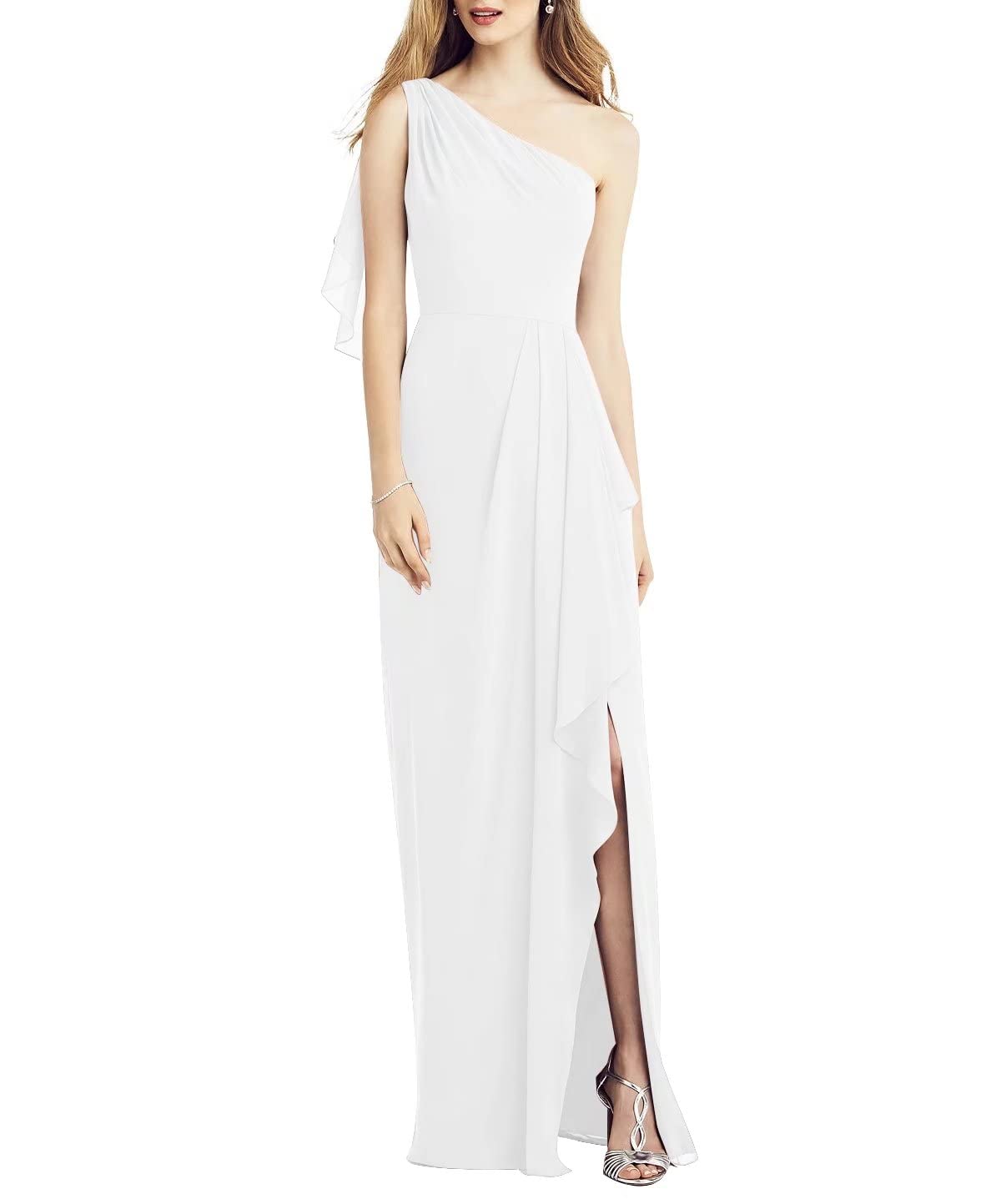 Elegant A-Line One Shoulder Bridesmaid Dress - Sleeveless Floor Length Formal Gown with Front Slit & Ruffle Detail | Perfect for Weddings, Proms & Special Occasions