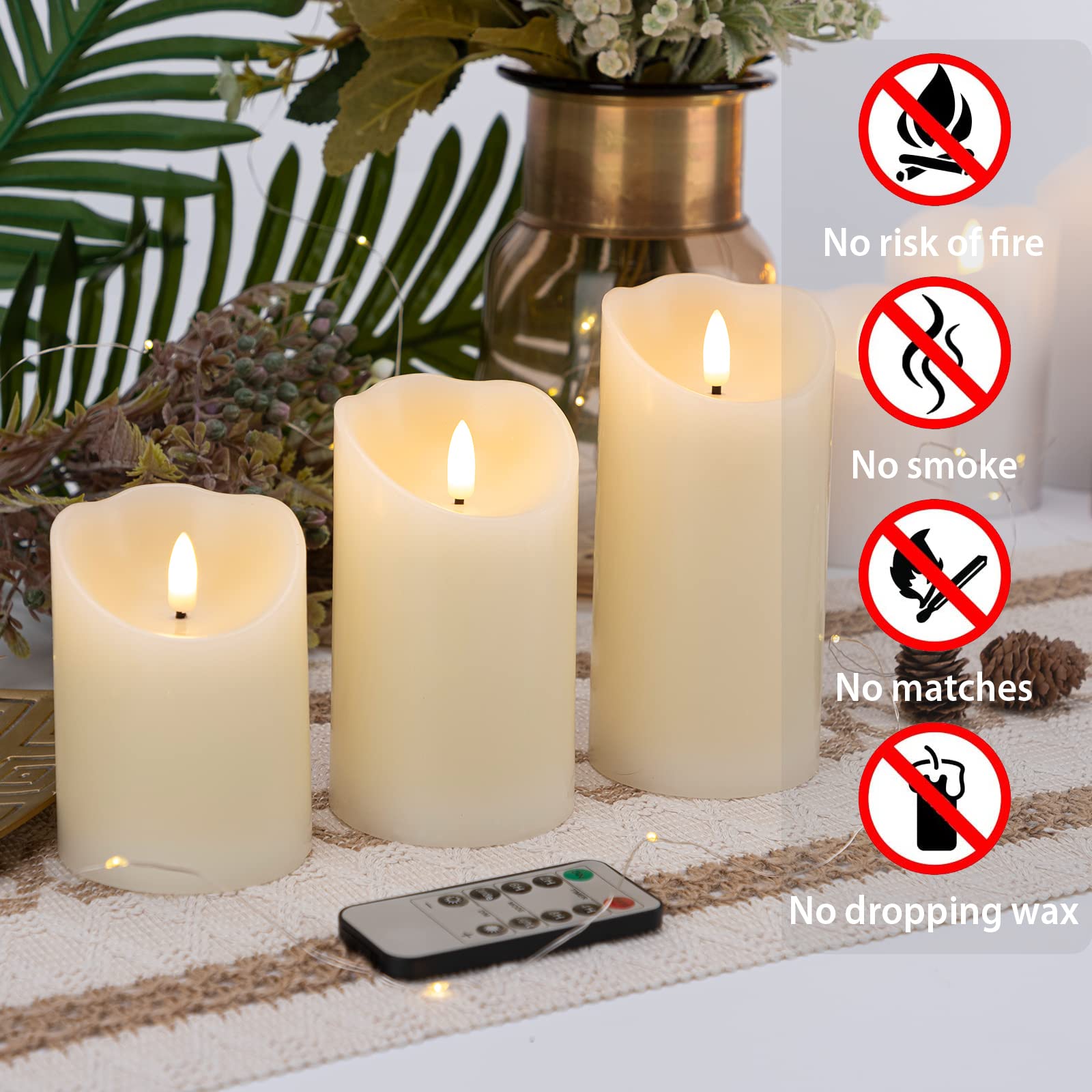 Flameless LED Candles with Remote - Battery Operated Real Wax Electric Candles with Timer & Flickering Flame Effect - Set of 3 Ivory Pillar Candles for Christmas Decor, Wedding Centerpieces, Home Party, and Romantic Ambiance