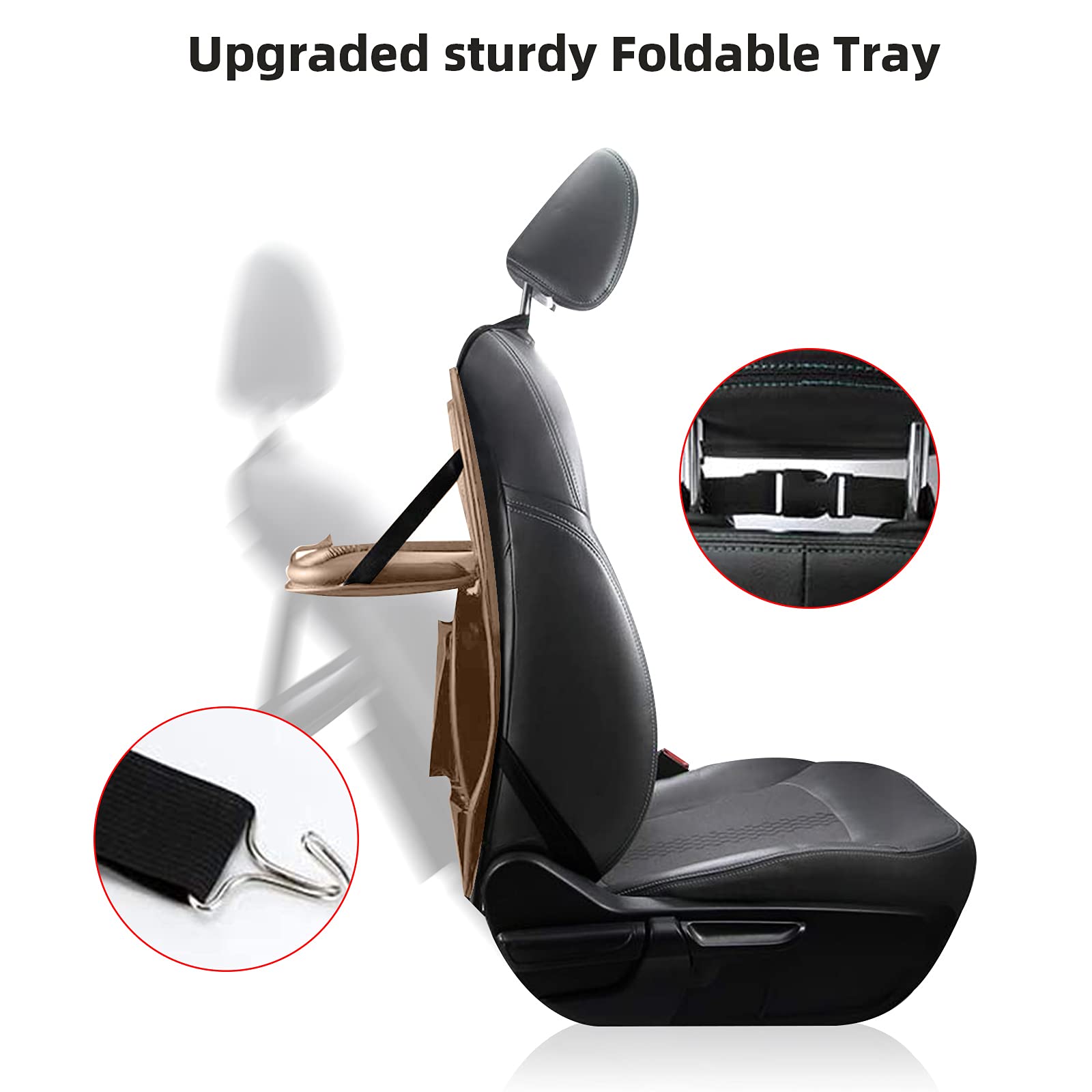Upgraded Leather Car Backseat Organizer with Trash Can & Tablet Holder - Anti-Kick Seat Protector & Storage Bag for Kids Toddlers | Perfect for Road Trips, Family Travel & Keeping Your Car Clean (Beige)
