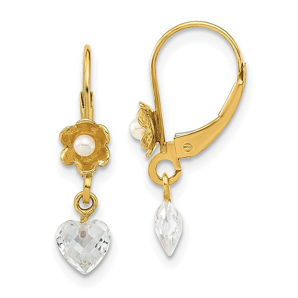 14K Yellow Gold Freshwater Cultured Pearl & Cubic Zirconia Flower Leverback Earrings - Elegant Drop Dangle Jewelry for Women, Perfect Gift for Her - Ideal for Weddings, Parties, and Special Occasions