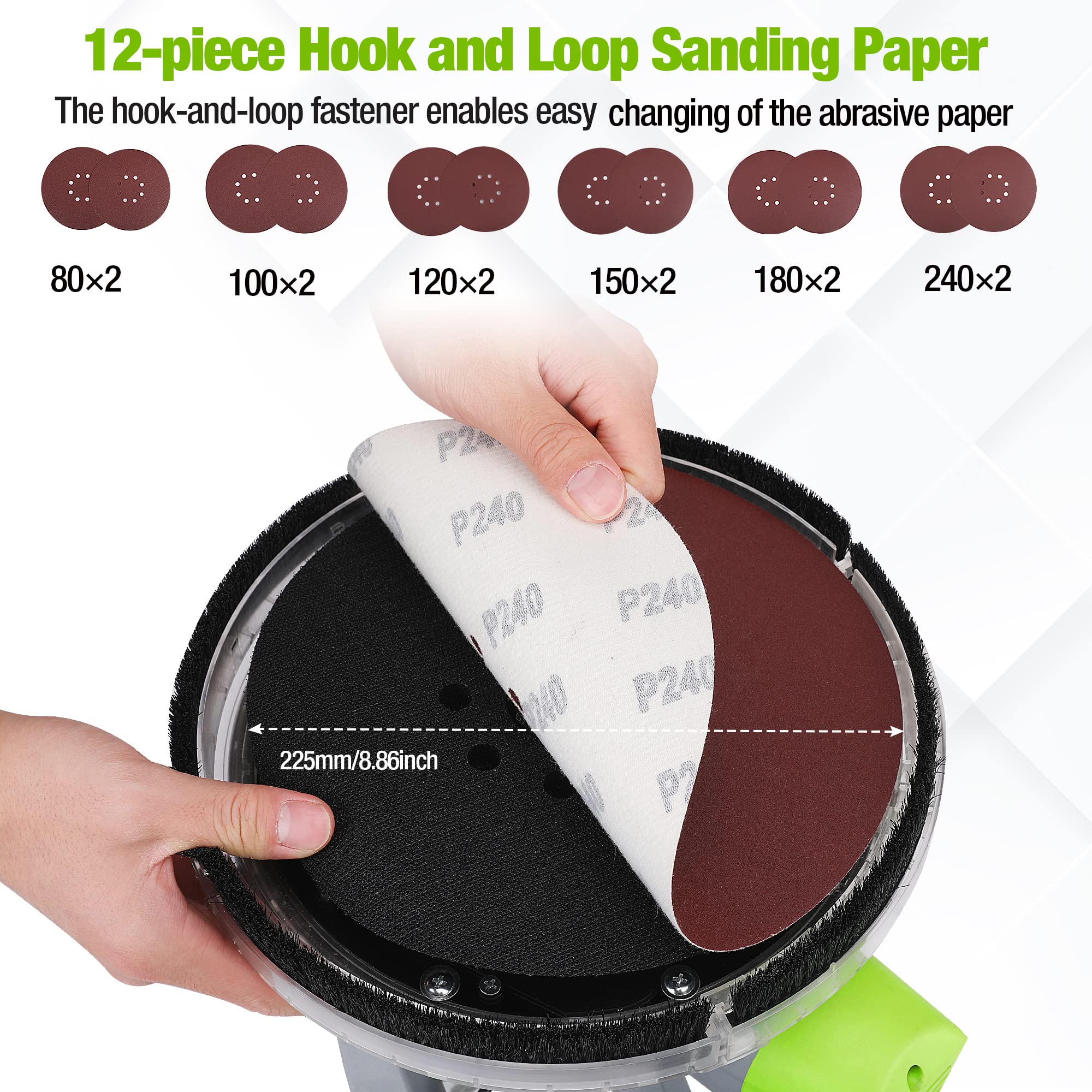 WORKPRO 720W Electric Drywall Sander with 12 Sanding Discs, 7-Speed Adjustable (1100-1850 RPM) - Wall Sander with Extendable Handle & LED Light for Drywall Repair, Ceiling Smoothing, and Floor Sanding - Perfect for Home Renovation and Professional Construction Projects