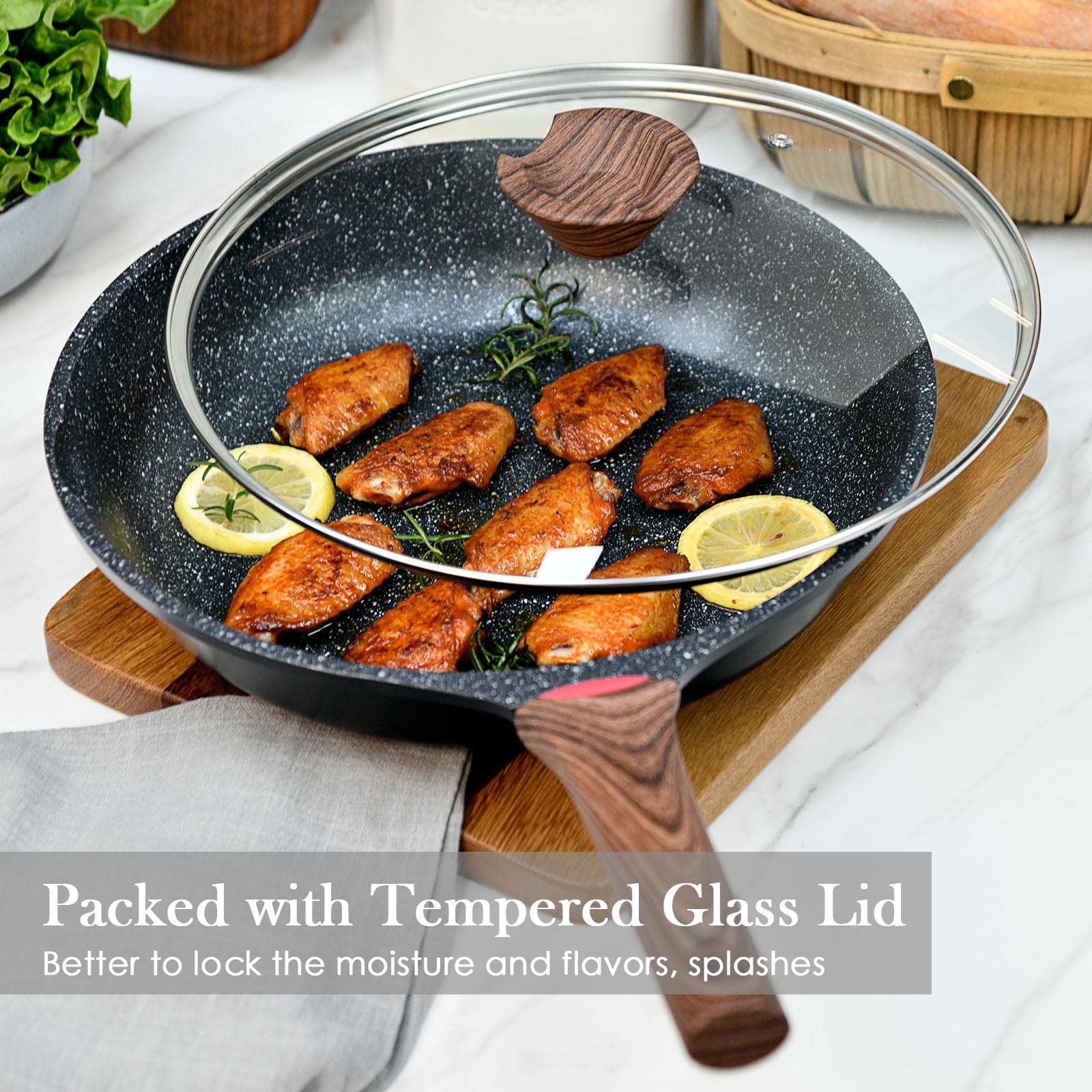 DIIG Nonstick Frying Pan with Lid - 12 Inch PFOA-Free Granite Coating Chef's Pan, Large 30 cm Induction Compatible Cookware for Gas & Electric Stoves - Perfect for Family Cooking, Sauteing & Gift Giving