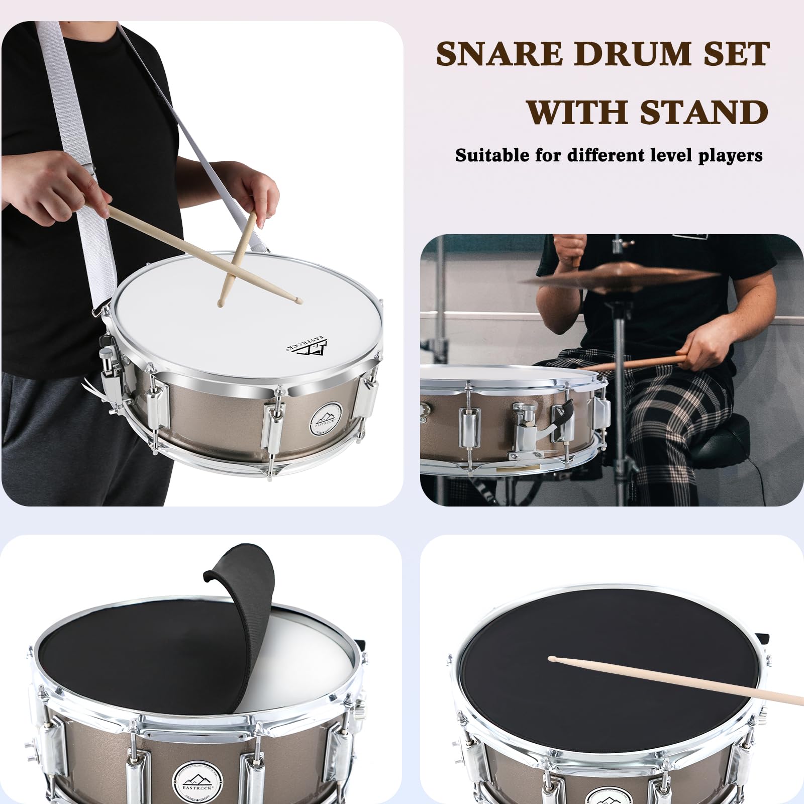 EASTROCK 14x5.5 Inch Snare Drum Set for Beginners - Includes Gig Bag, Drumsticks, Stand, Drum Keys & Coated Head - Champagne Finish - Perfect for Student Practice, School Bands & Home Music Studio