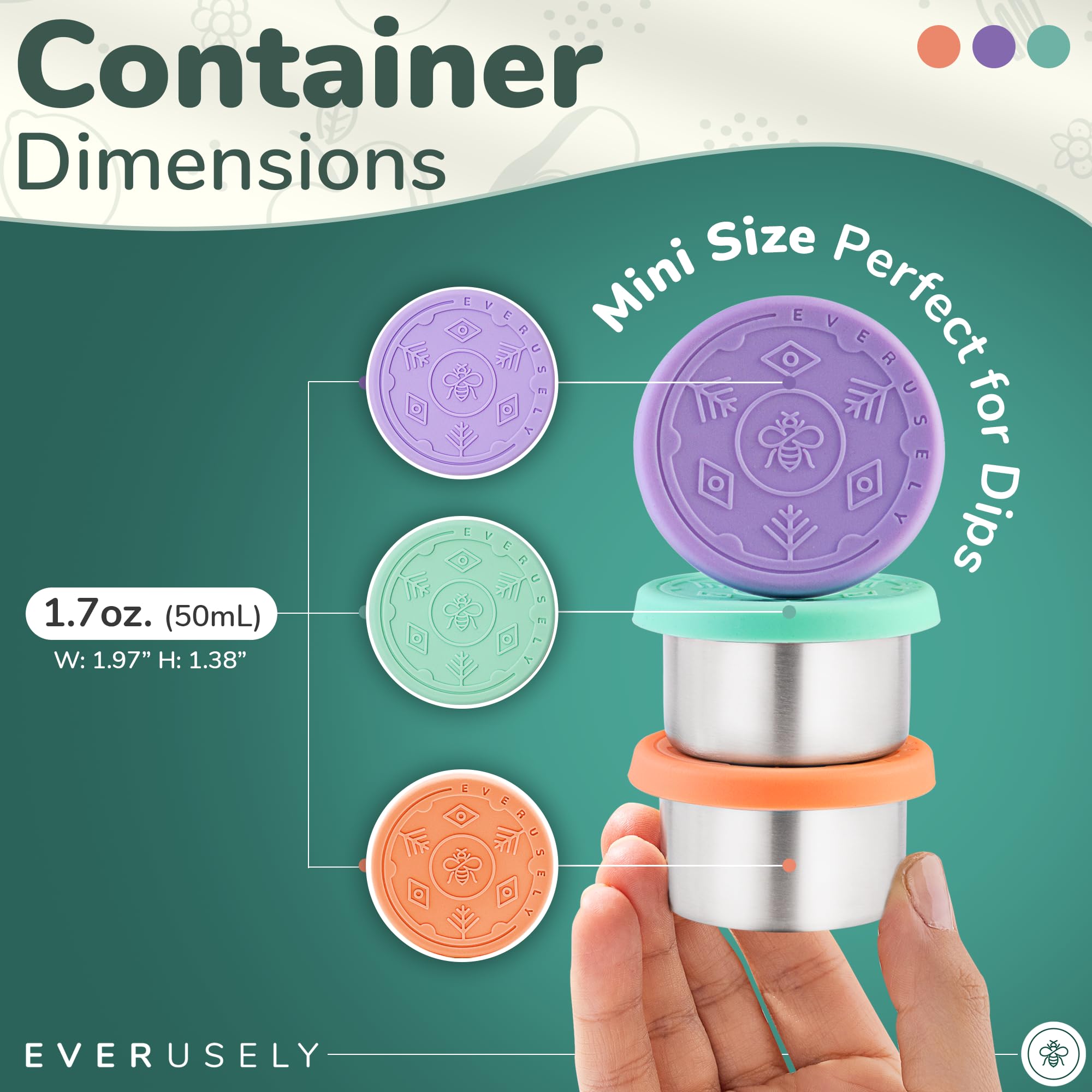 Everusely Stainless Steel Condiment Cups - 3 Pack, 1.7 oz with Lids - Perfect for Lunchbox & Meal Prep