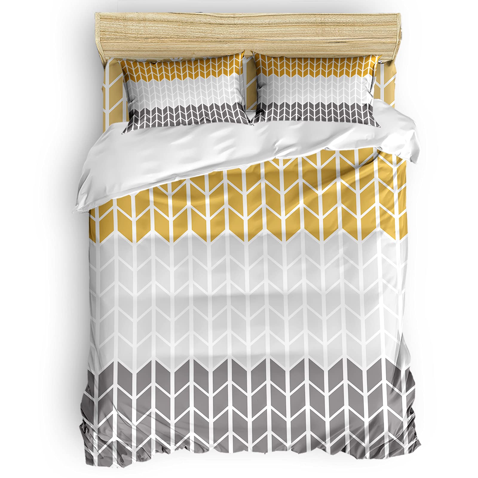 Modern Geometric Zig Zag Orange Gray Duvet Cover Set Twin Size - 4 Piece Comforter Cover with Zipper Closure, Soft All-Season Bedding Set (1 Duvet Cover + 1 Fitted Sheet + 2 Pillow Shams) for Kids Room, Guest Bedroom & College Dorm Decor