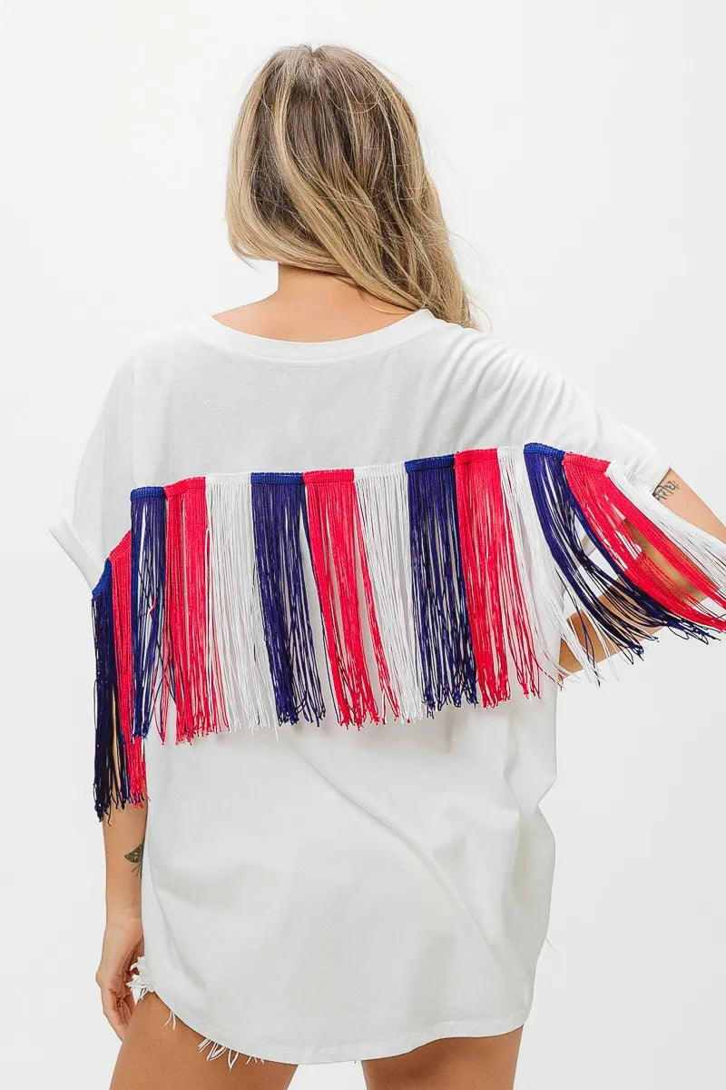 BiBi Patriotic American Flag Sequin Ribbon T-Shirt - Stylish USA Pride Top for Women, Perfect for 4th of July, Memorial Day & Independence Day Celebrations