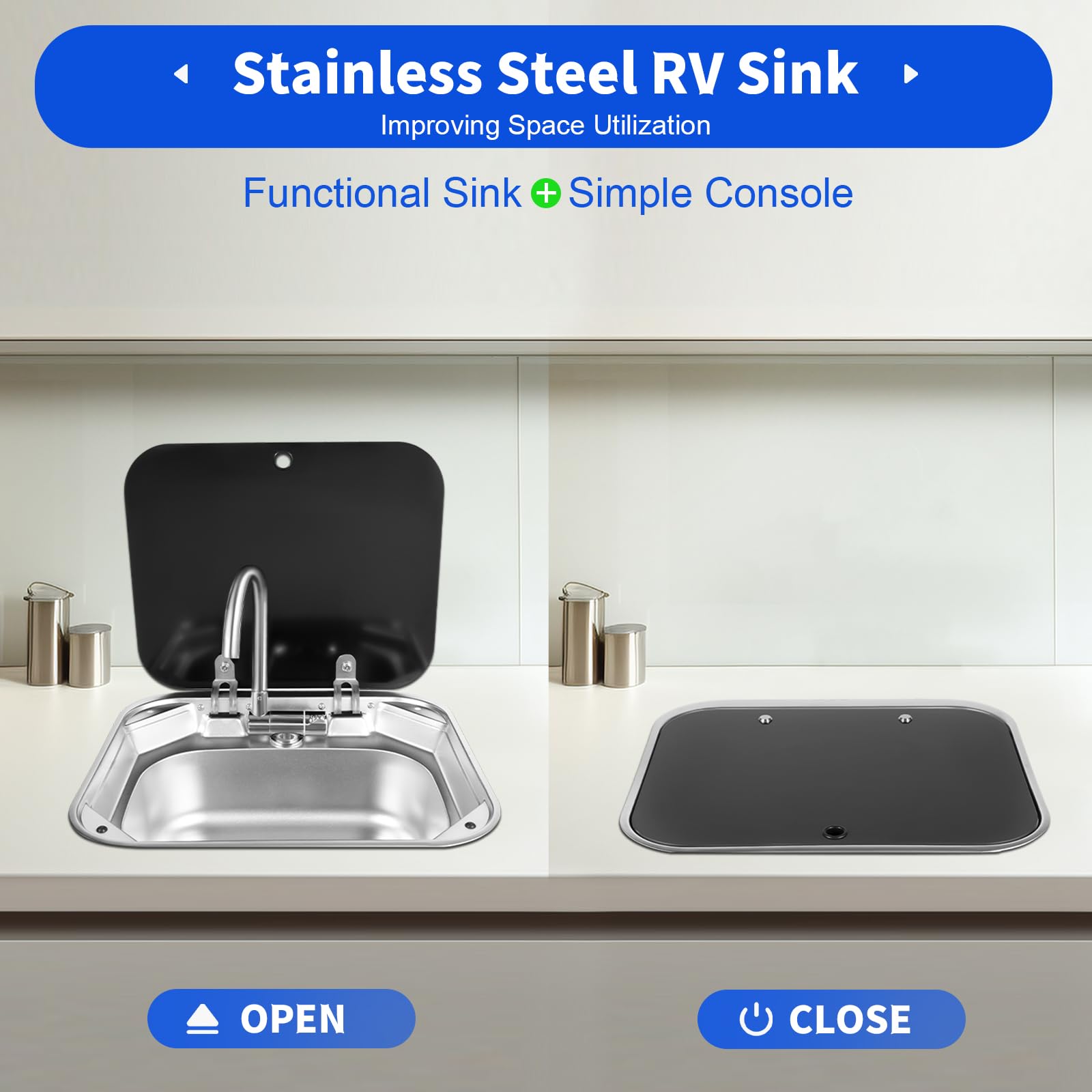 Stainless Steel RV Kitchen Sink with Folding Faucet & Cover - 16.7x14.7x5.9 Inch Single Bowl Hand Wash Basin for RV, Caravan, Camper - Perfect for Compact Spaces & Outdoor Cooking