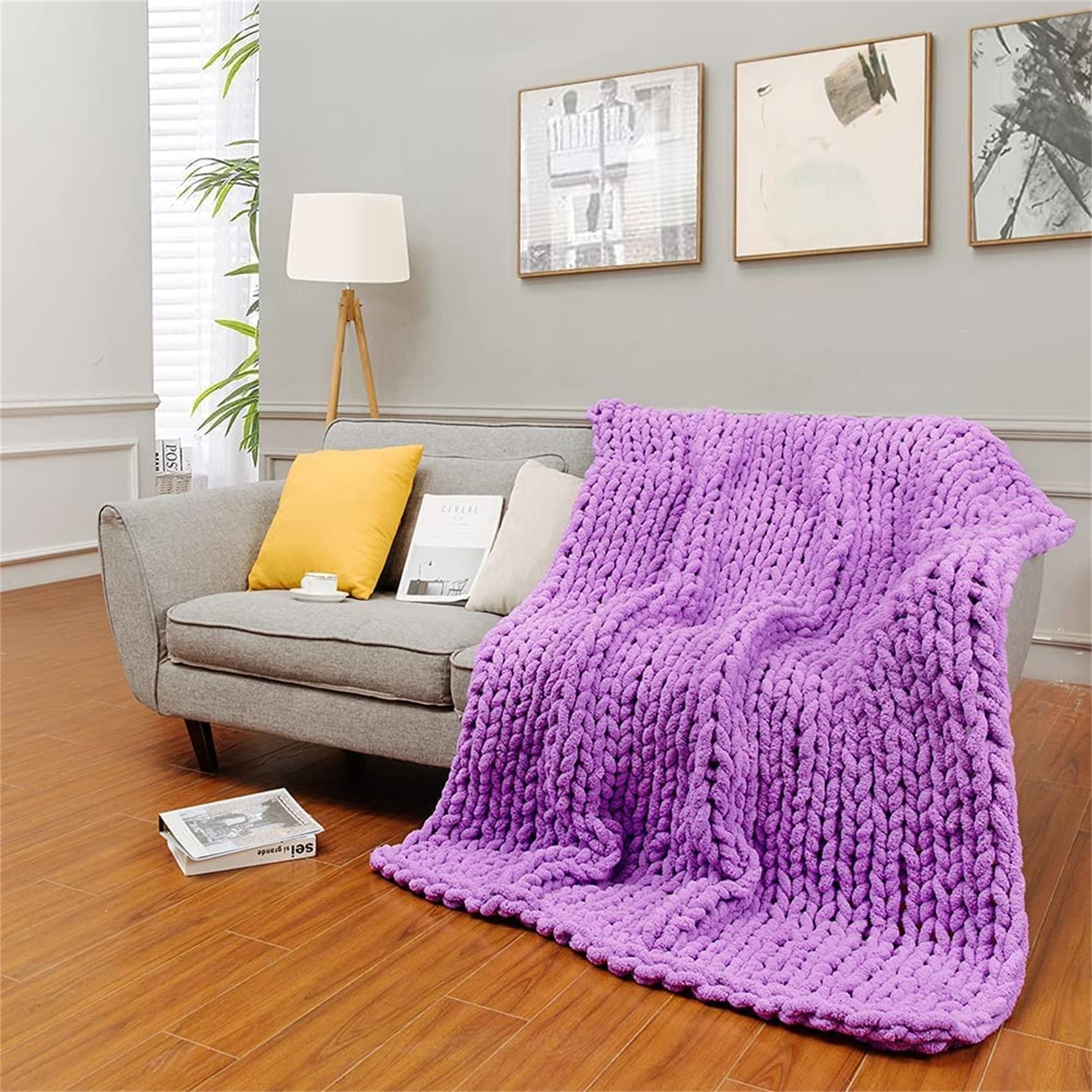Chunky Knit Blanket Throw - Handmade Soft Cable Knit Yarn Blanket for Couch, Bed & Nursery - Large 59x70 Inch Cozy Purple Blanket for Fall Decor, Pet Mat, Baby Bed & Chair - Perfect for Living Room, Bedroom & Winter Snuggling