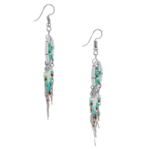 Stainless Steel Dream Catcher Earrings - Off White Silk Thread with Beaded Dangle | Boho Chic Jewelry for Women, Festival Accessories, Everyday Wear
