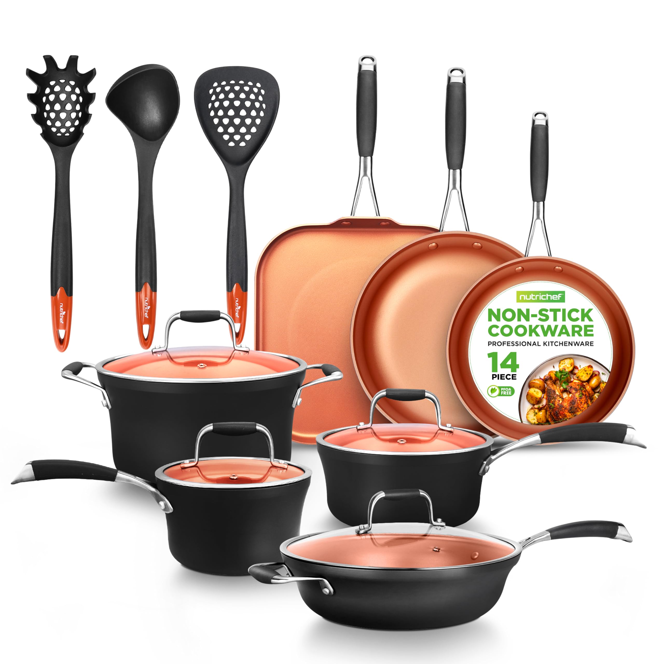 NutriChef 14-Piece Non-Stick Cookware Set - Copper Pots & Pans with Lids, Frying Pans, Spatula, Pasta Server & Soup Ladle | Durable Silicone Handles | Perfect for Home Cooking, Meal Prep & Family Dinners