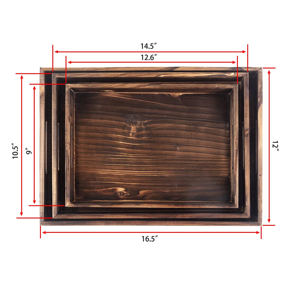Rustic Wooden Serving Tray Set of 3 - Handled Nesting Trays for Coffee, Food & Drinks | Ottoman Tray, Decorative Platter for Dining, Living Room & Bedroom Use | Brown Retro Style Wood Trays