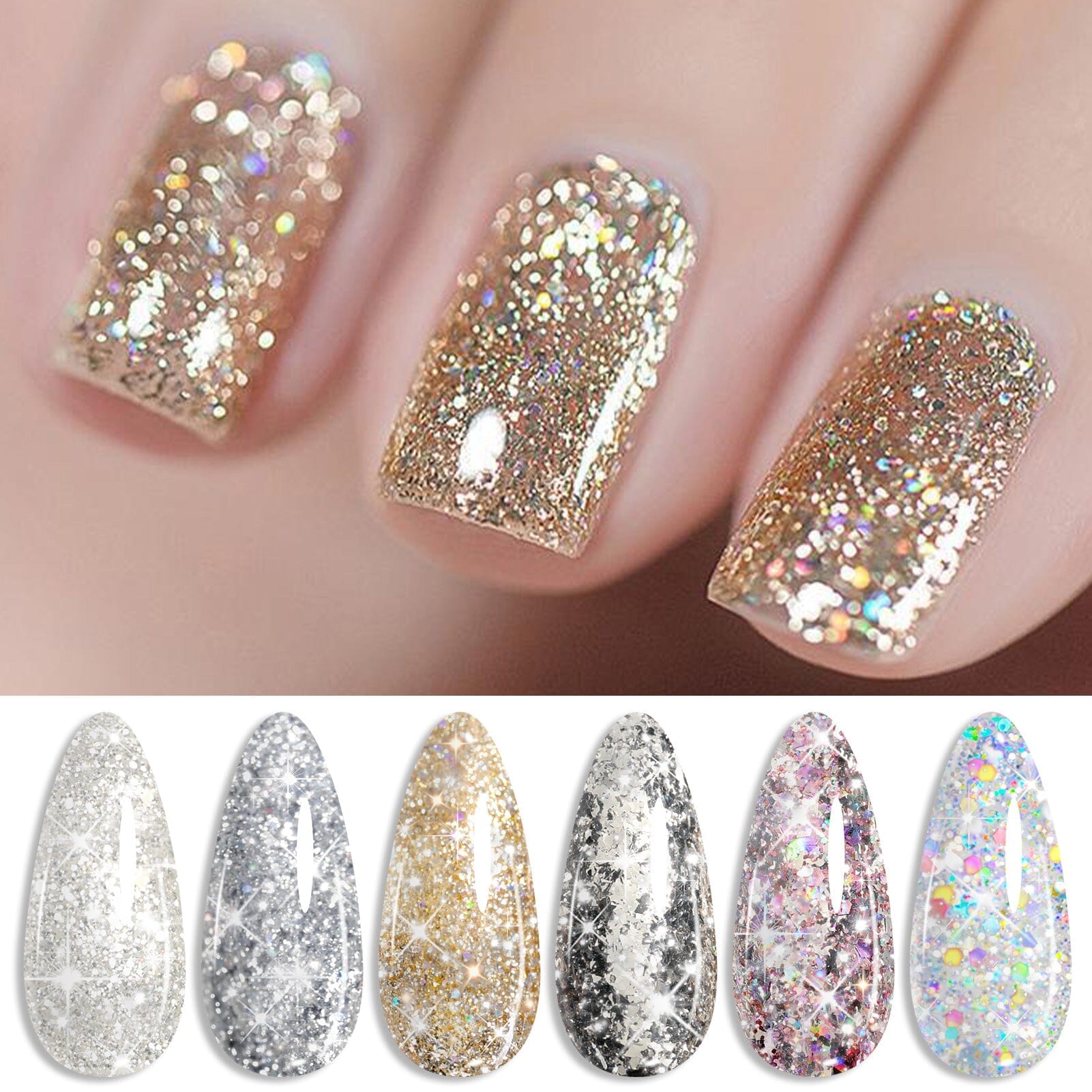 6 Colors Silver Gold Nail Glitter Sequins Gel Polish Set 7ml - Professional Nail Art Kit for Manicure, Pedicure & DIY Nail Designs at Home or Salon