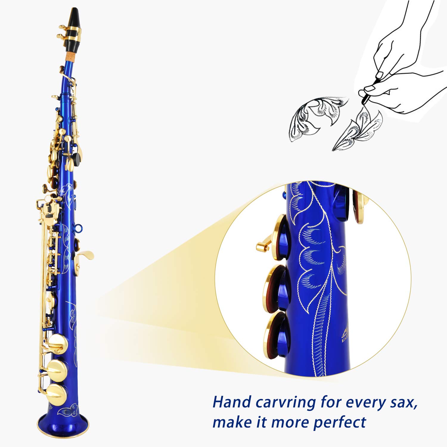 EASTROCK Bb Soprano Saxophone - Professional Straight Blue Sax for Beginners & Intermediate Players - Includes Carrying Case, Mouthpiece, Pads, Reed, Cleaning Kit, Neck Strap & White Gloves - Perfect for School Bands, Jazz Ensembles & Solo Practice