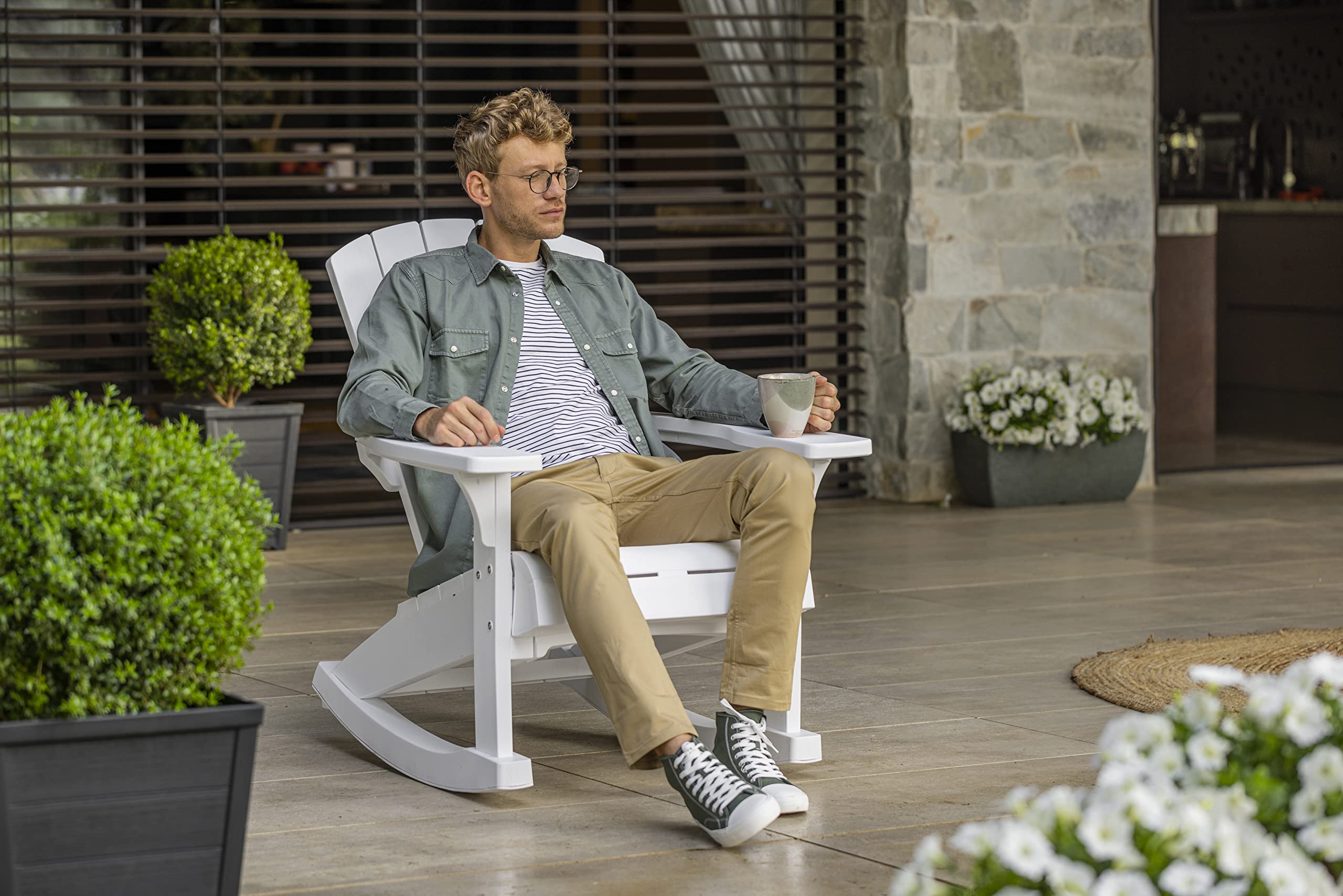 Keter Adirondack Rocker Resin Outdoor Patio Chair - Durable White Plastic Rocking Chair for Porch, Poolside & Fire Pit - Weather-Resistant Garden Seating for Backyard, Deck & Outdoor Relaxation