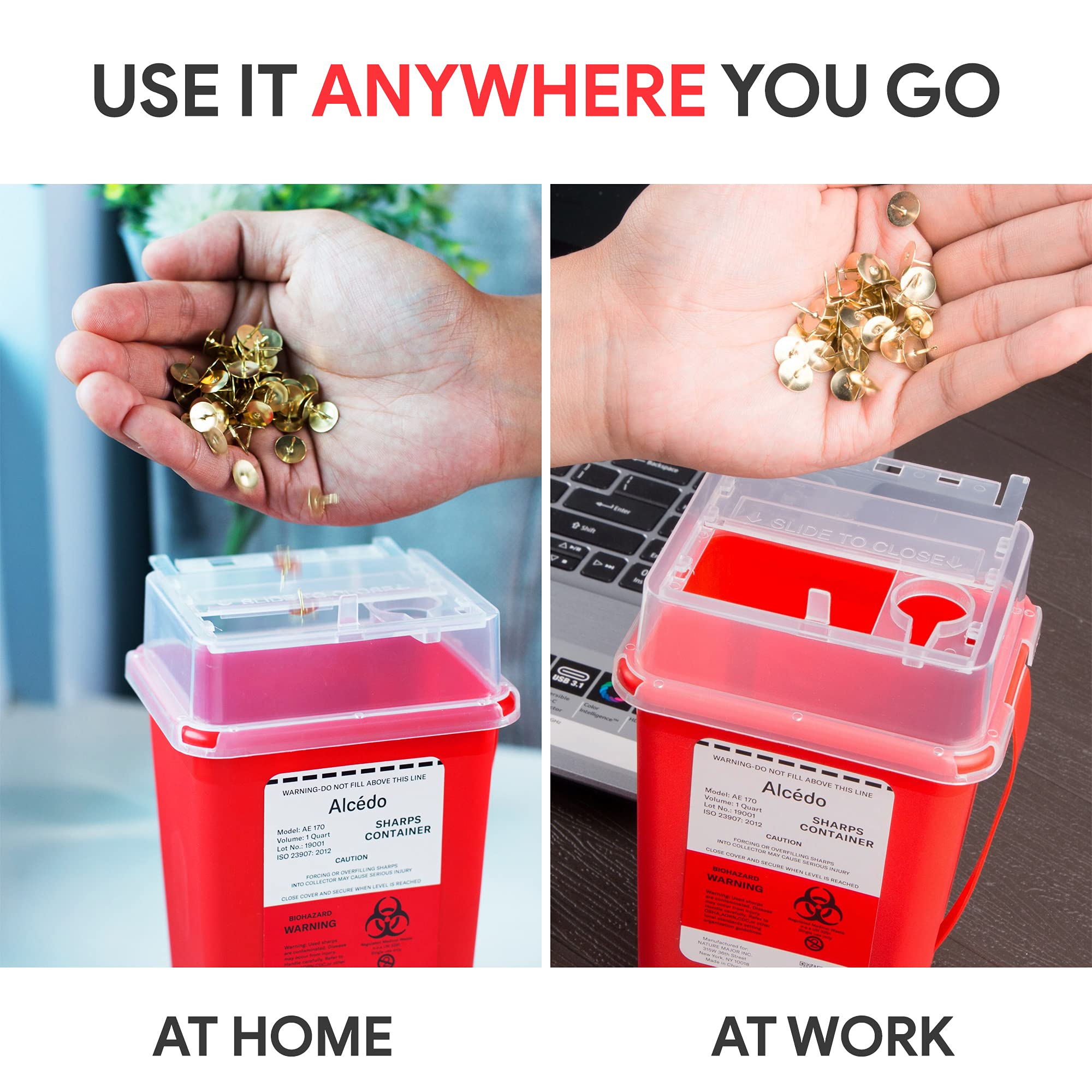 Alcedo 1 Quart (3-Pack) Sharps Container - Safe Biohazard Needle & Syringe Disposal for Home, Clinic & Travel | Portable Medical Waste Bin for Diabetics, Tattoo Artists & Healthcare Professionals | Ideal for Insulin Pens, Lancets & Medical Sharps Disposal