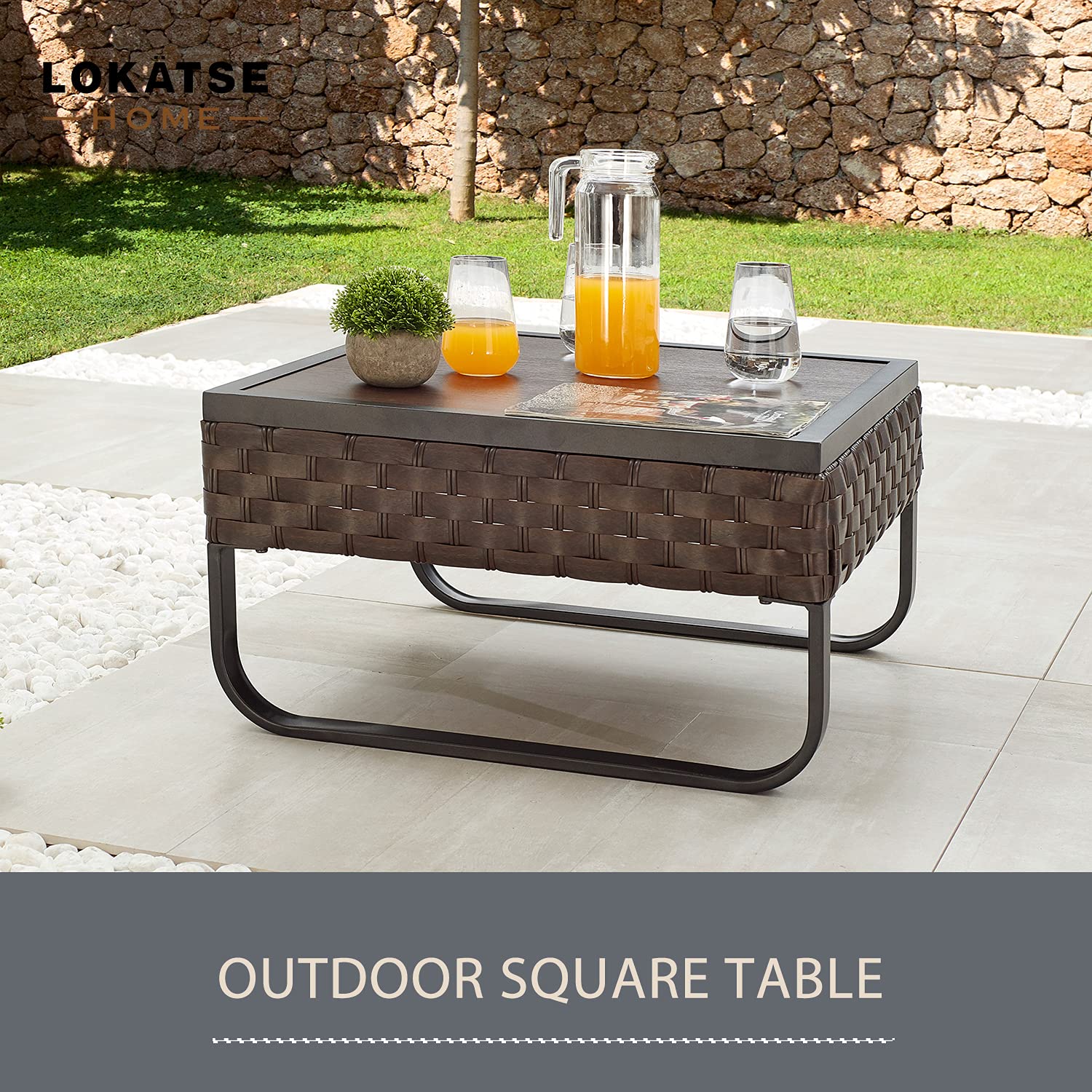 LOKATSE HOME Outdoor Square Bistro Table - Rattan Wicker Coffee Side Table with Metal Frame & Wood Grain Top - Brown - Perfect for Patio, Garden, Balcony Dining & Relaxing