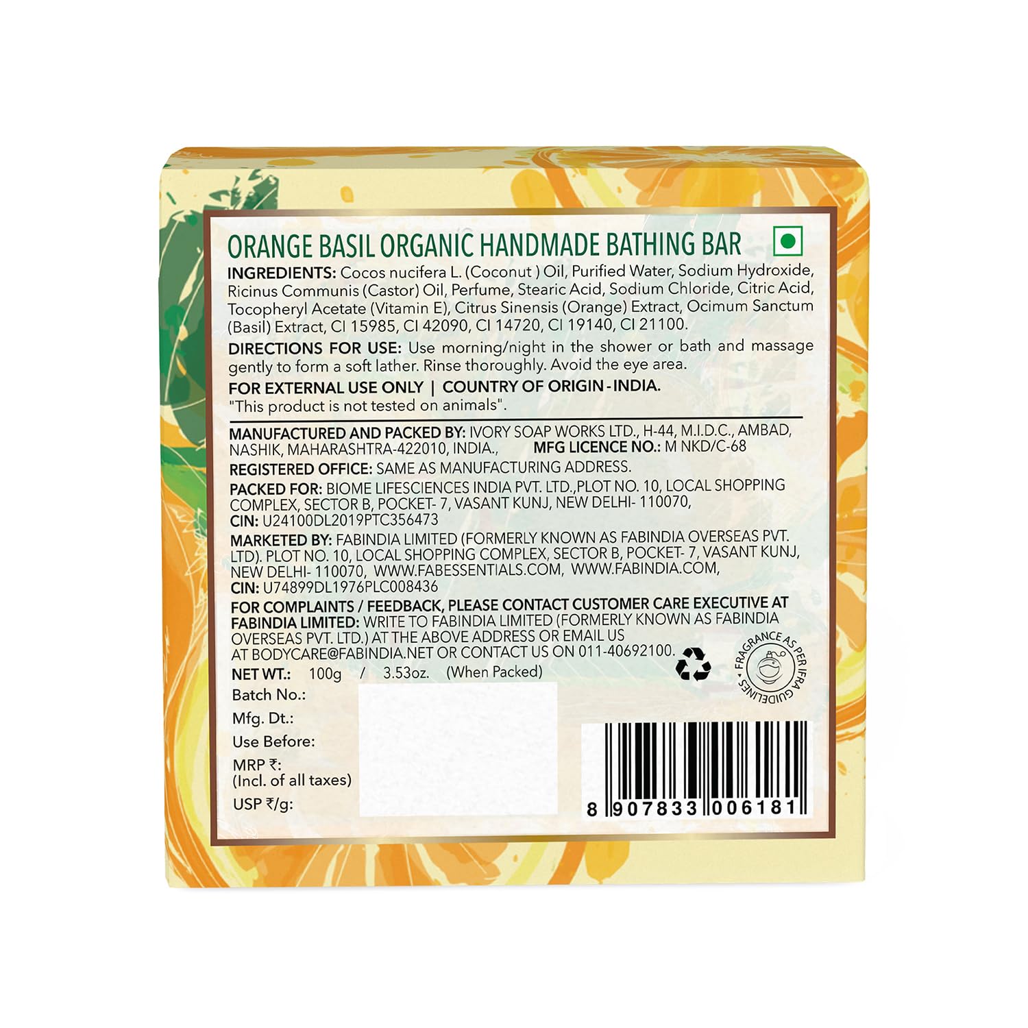Organic Orange Basil Handmade Soap Bar - 100g | Natural Skin Cleansing, Hydration & Nourishment | Handcrafted Bath Soap for Women & Men | Perfect for Daily Skincare, Spa Days & Gift Giving