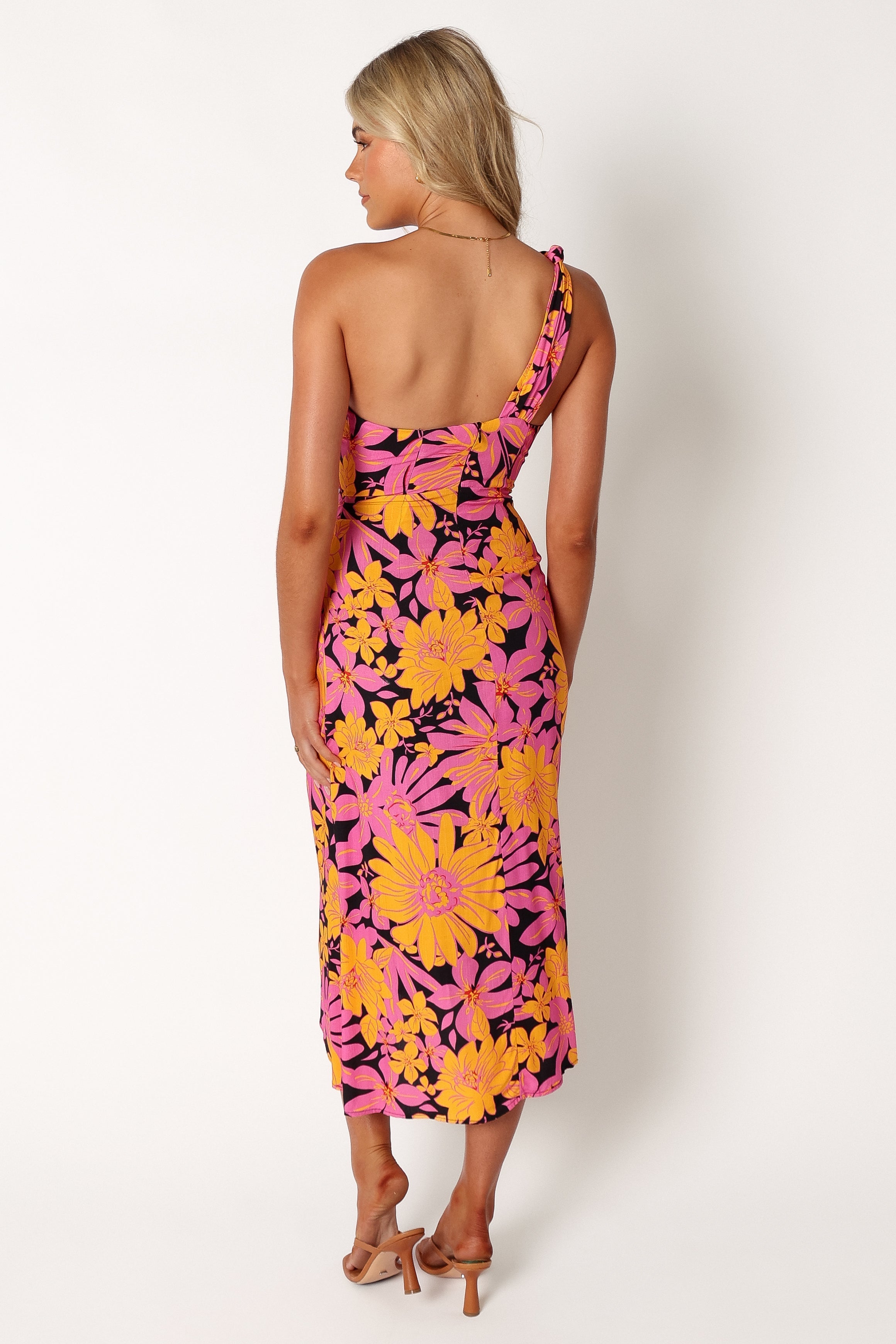 Clara One Shoulder Midi Dress - Black Floral Print Women's Party Dress for Evening Events, Cocktail Parties & Date Nights