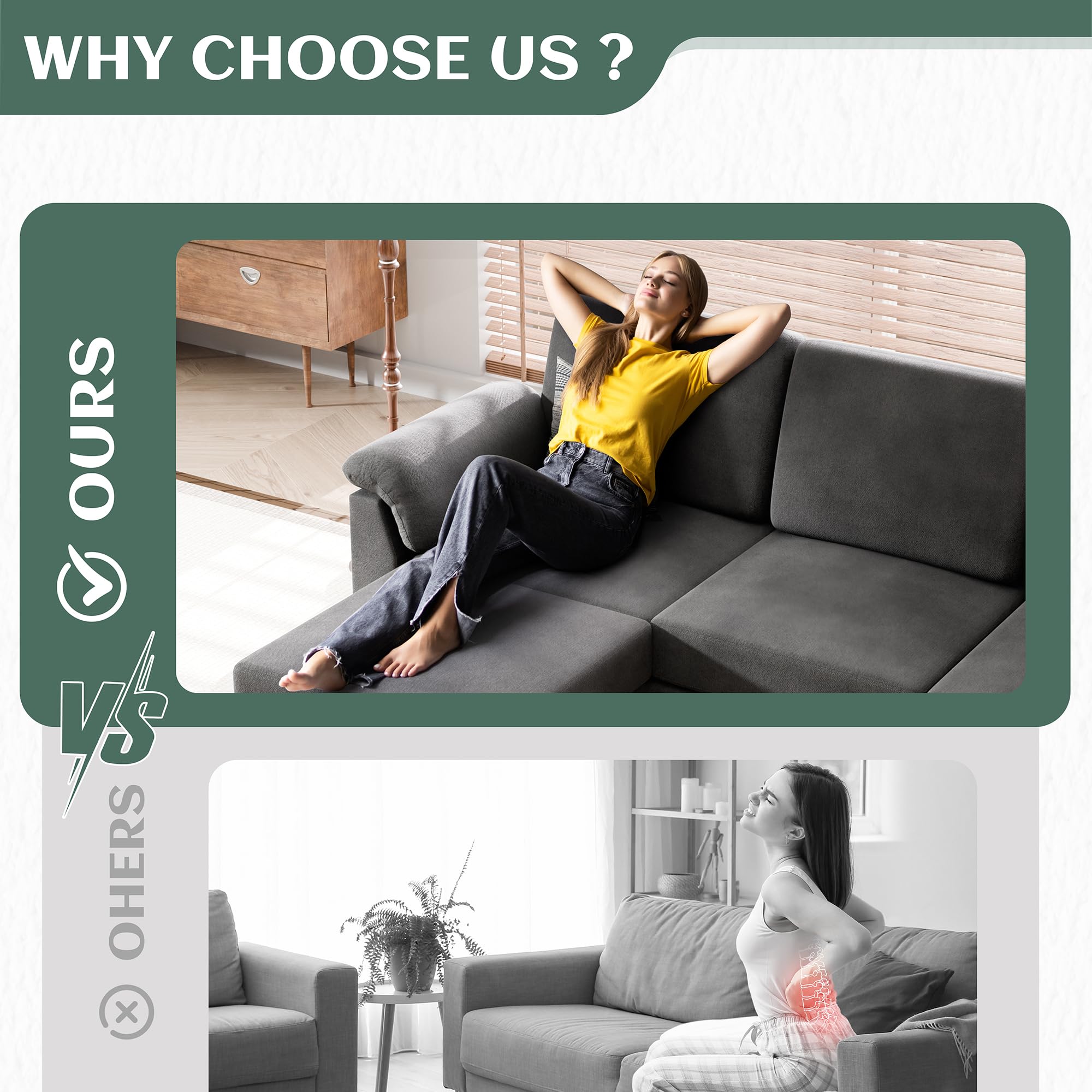 Vongrasig Convertible Sectional Couch - 3-Seat L-Shaped Sofa with Removable Pillows, Mid-Century Modern Linen Fabric Small Couch for Living Room, Apartment & Office (BK) | Perfect for Small Spaces, Movie Nights & Cozy Gatherings