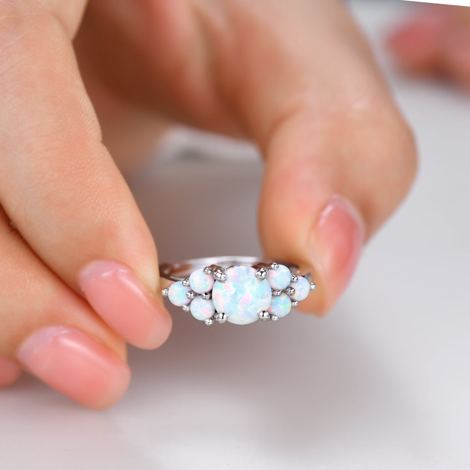 7mm Round White Opal Engagement Ring in 14K White Gold with Diamond Accents - Elegant Wedding Band, Promise Ring & Anniversary Gift for Her