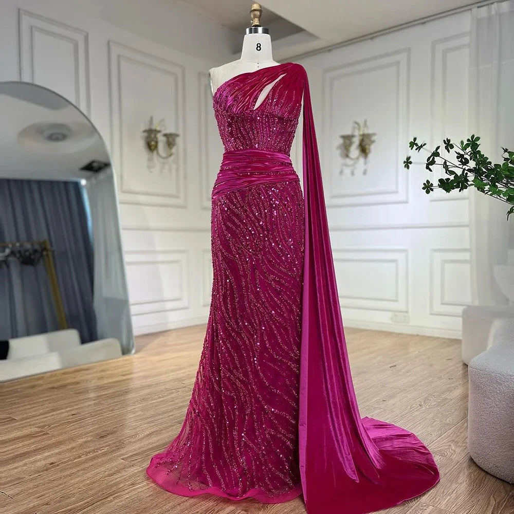 Serene Hill Blue Mermaid One Shoulder Elegant Cape Sleeve Beaded Luxury Evening Dress for Women - Perfect for Prom, Gala & Formal Parties 2025