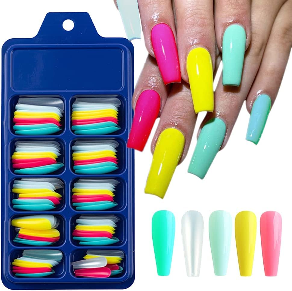 GFF Colorful Long Coffin Press On Nails - 100Pcs Ballerina Fake Nails with Full Cover Acrylic Tips for DIY Nail Art & Salon Use - Perfect for Parties, Weddings, and Special Occasions