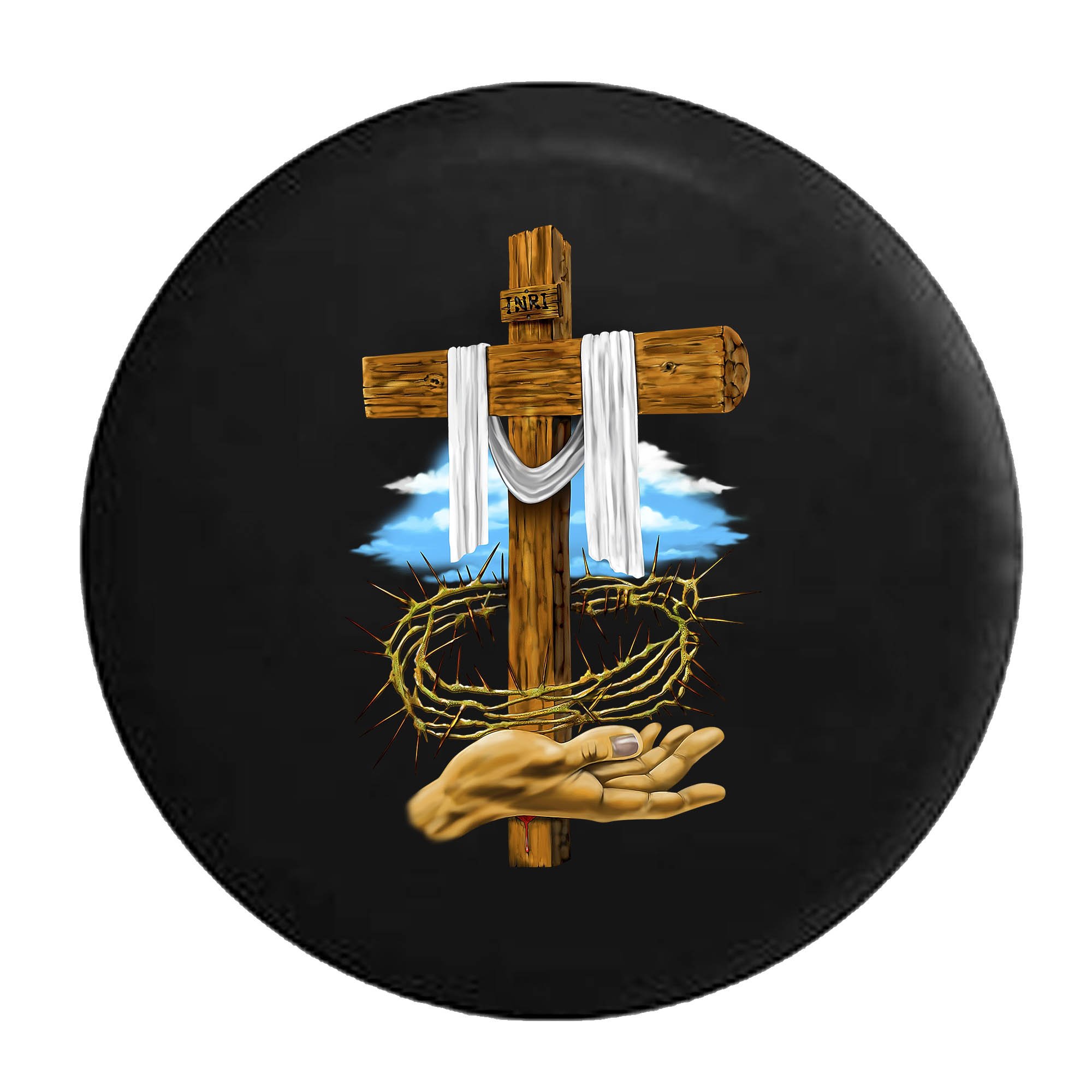32 Inch Black Jesus Crown of Thorns Spare Tire Cover – American Unlimited Wooden Cross Design, God Blessed Life – Perfect for Trucks, SUVs & RVs (Religious & Spiritual Car Accessory)