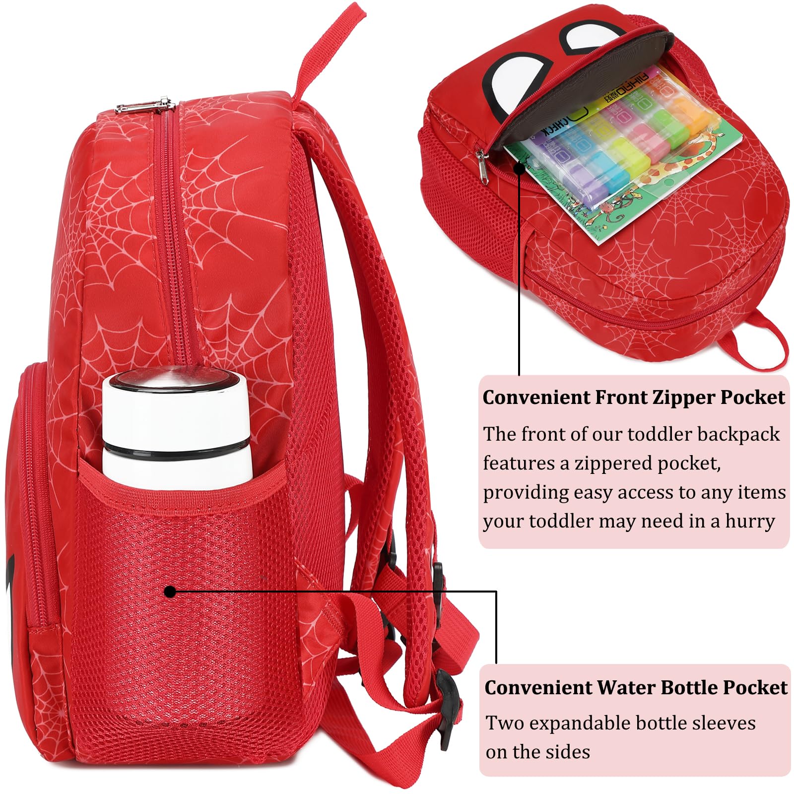 **JIANYA Spider Toddler Backpack for Boys & Girls - Lightweight Mini Kids Backpack with Adjustable Chest Strap - Cute Preschool Backpack for Daycare, Travel & Outdoor Adventures (Black)**