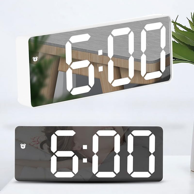 USB Charging LED Alarm Clock Mirror Lamp with Thermometer & Night Light - Multi-Functional White for Bedroom, Bathroom, and Office Use