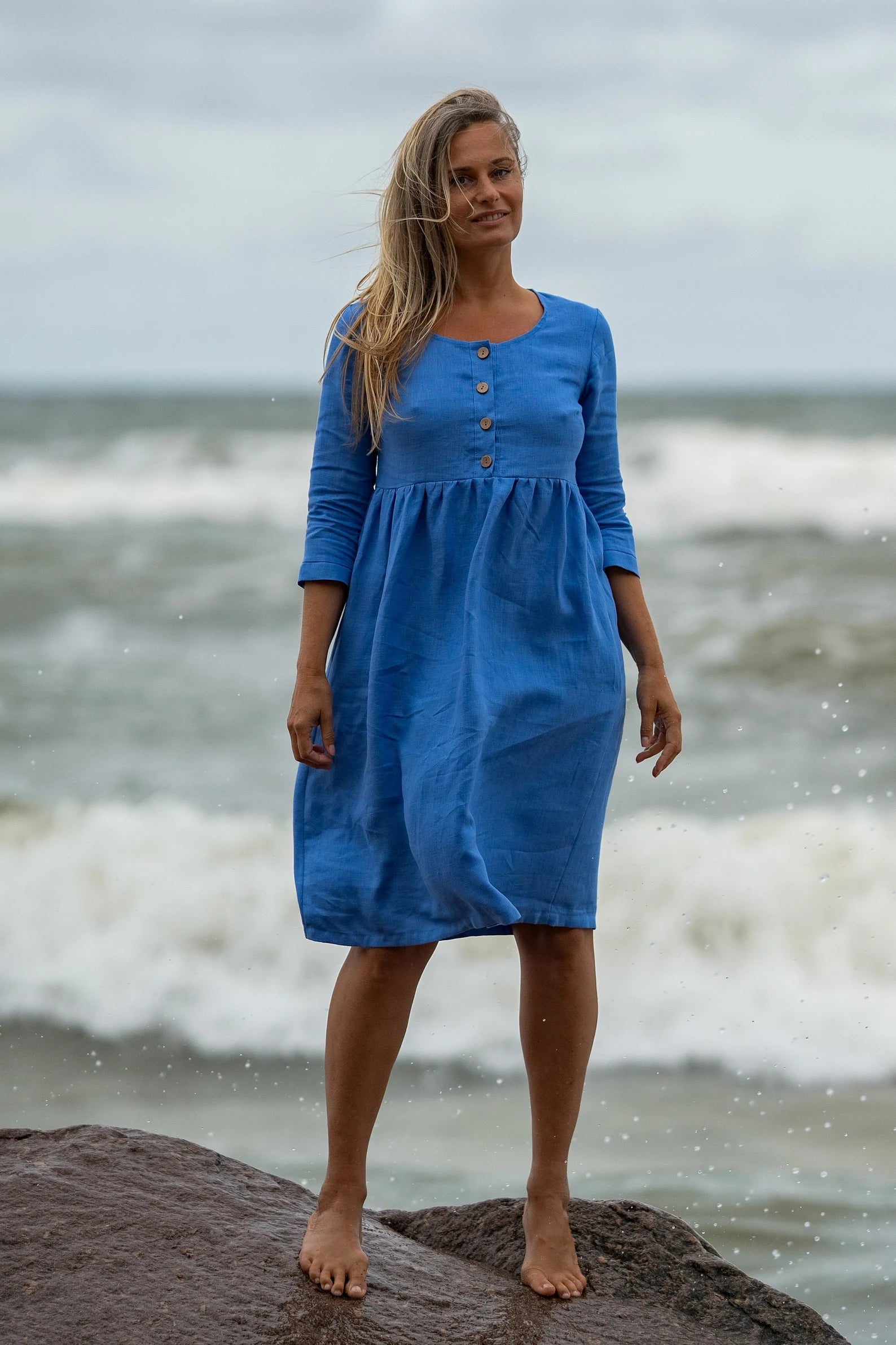 BARBARA Blue Linen Maternity Dress with 3/4 Sleeves - Comfortable Pregnancy Outfit for Casual Wear & Summer Maternity Photos