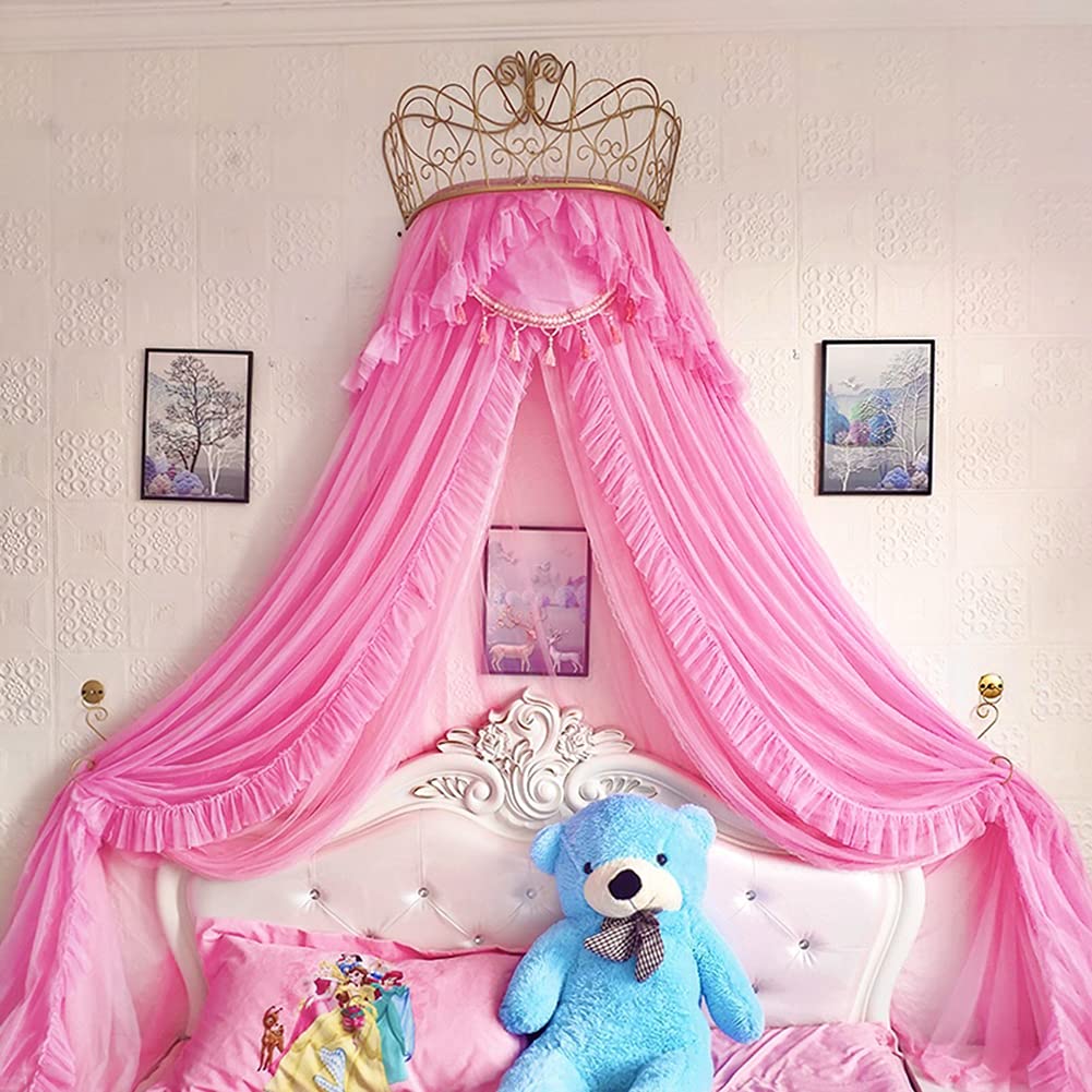 XWSM Princess Bed Canopy with Golden Metal Crown & LED Lights - Romantic Bed Canopy Drapes for Girls Room, Kids Bed, Baby Crib Cover - Perfect for Birthday Decor, Nursery Room, and Fairy Tale Themed Bedrooms