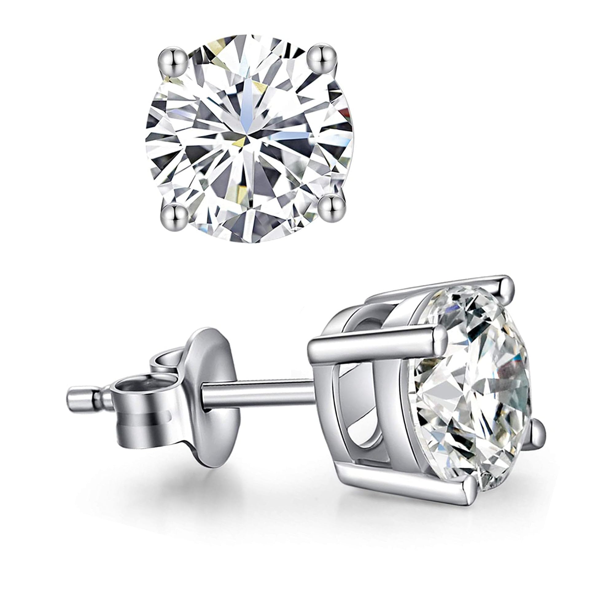 14K White Gold Round Cut White Cubic Zirconia Stud Earrings - 5mm Diamond Simulant Earrings for Women, Perfect for Everyday Wear, Parties & Gifts