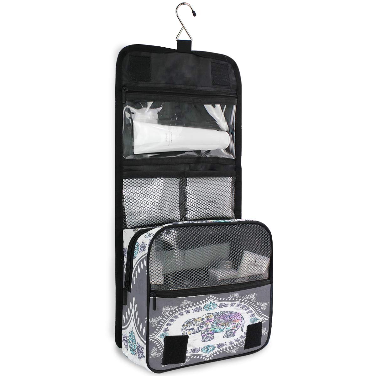 AUUXVA Hanging Travel Toiletry Bag - Waterproof Cosmetic Organizer with Multiple Zipper Pockets for Women & Men - Perfect for Vacation, Gym, and Business Trips - Ethnic Elephant Design Portable Wash Bag