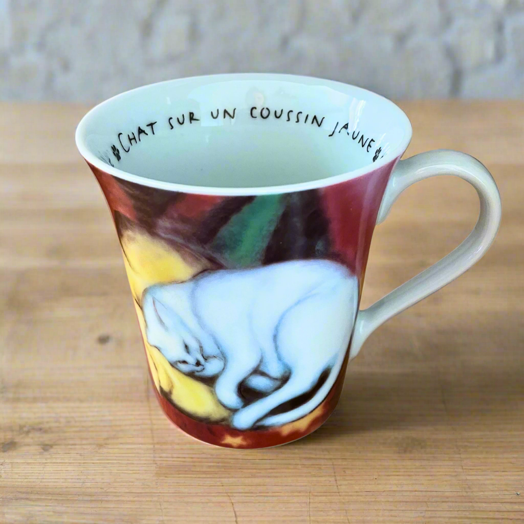 Franz Marc 'Le Chat sur un Coussin Jaune' Fine Bone China Coffee Mug - Artistic Cat Painting Tea Cup for Home & Office Use