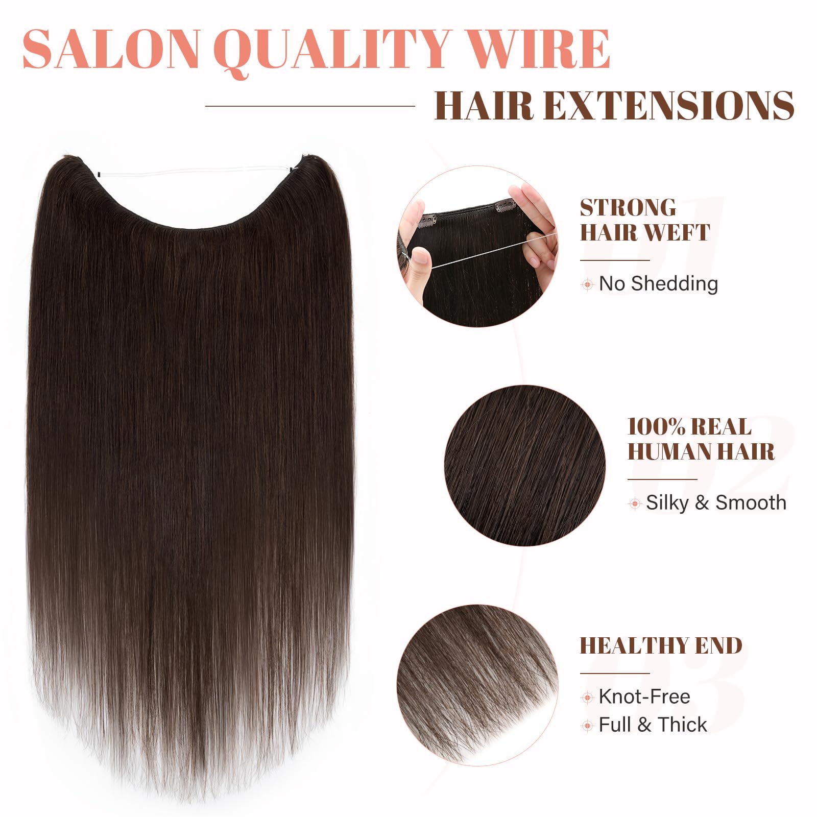 100% Human Hair Extensions - Invisible Wire In Hair Piece with Transparent Rubber Band & 2 Clips - Long Silky Straight Brown 22
