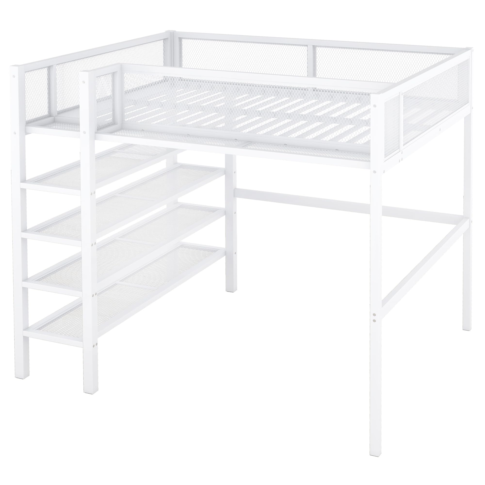Bellemave Full Size Loft Bed with 4-Tier Shelves & Storage Stairs - White Metal Bunk Bed with Built-in Bookshelf | Perfect for Small Bedrooms, Dorms & Kids Rooms